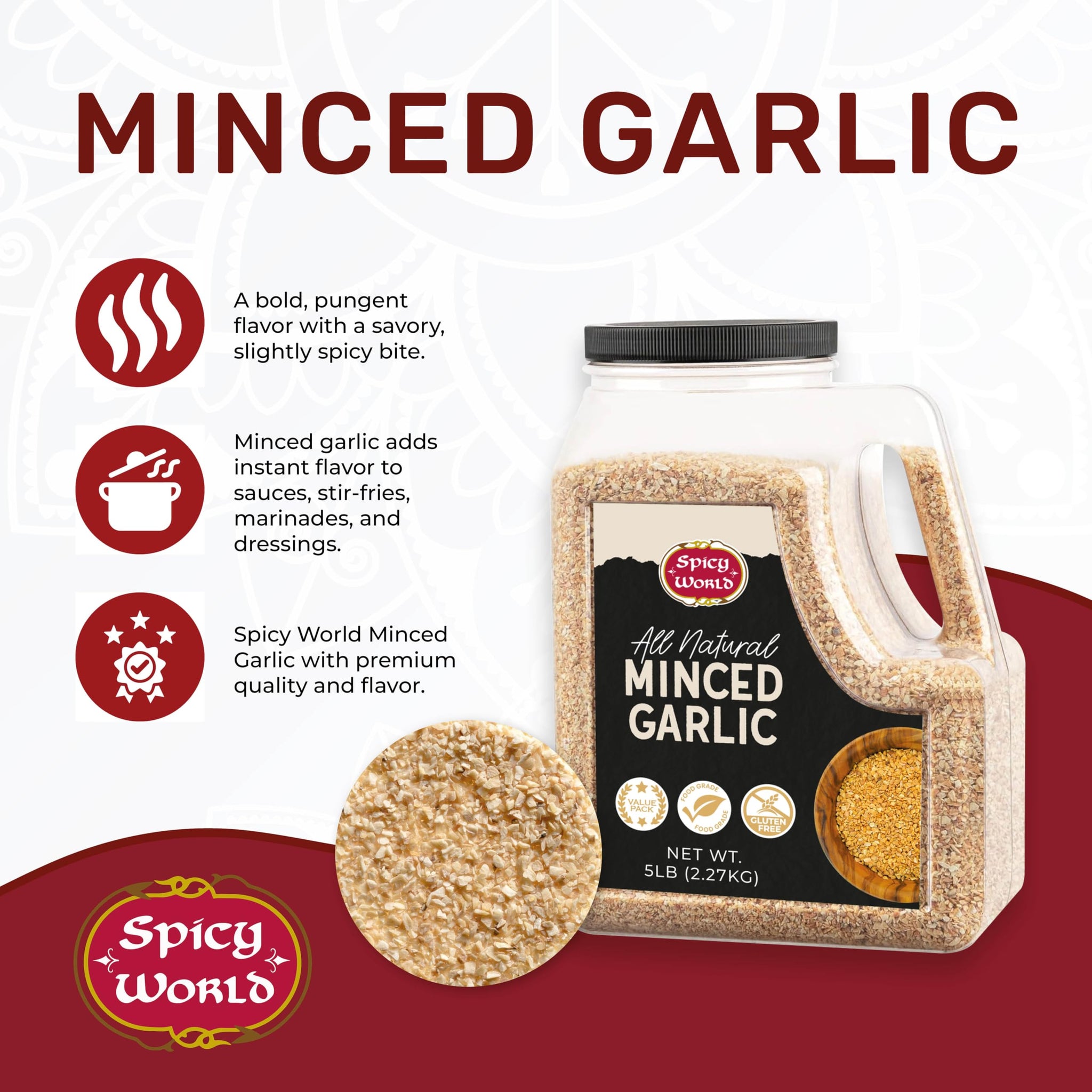 Spicy World Minced Garlic 5 LB Jar - Gluten Free, Dehydrated Garlic Minced, Non-GMO, Bulk Jar, Bold Flavor for Cooking, Seasoning, and Spice Blends