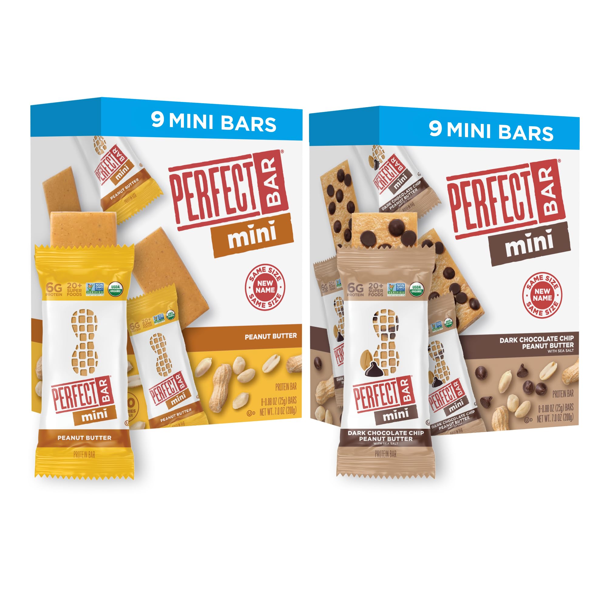 Perfect Bar Mini Protein Bars, Peanut Butter and Dark Chocolate Chip Peanut Butter Variety Pack, Gluten Free, Made with Organic Honey, Cookie Dough