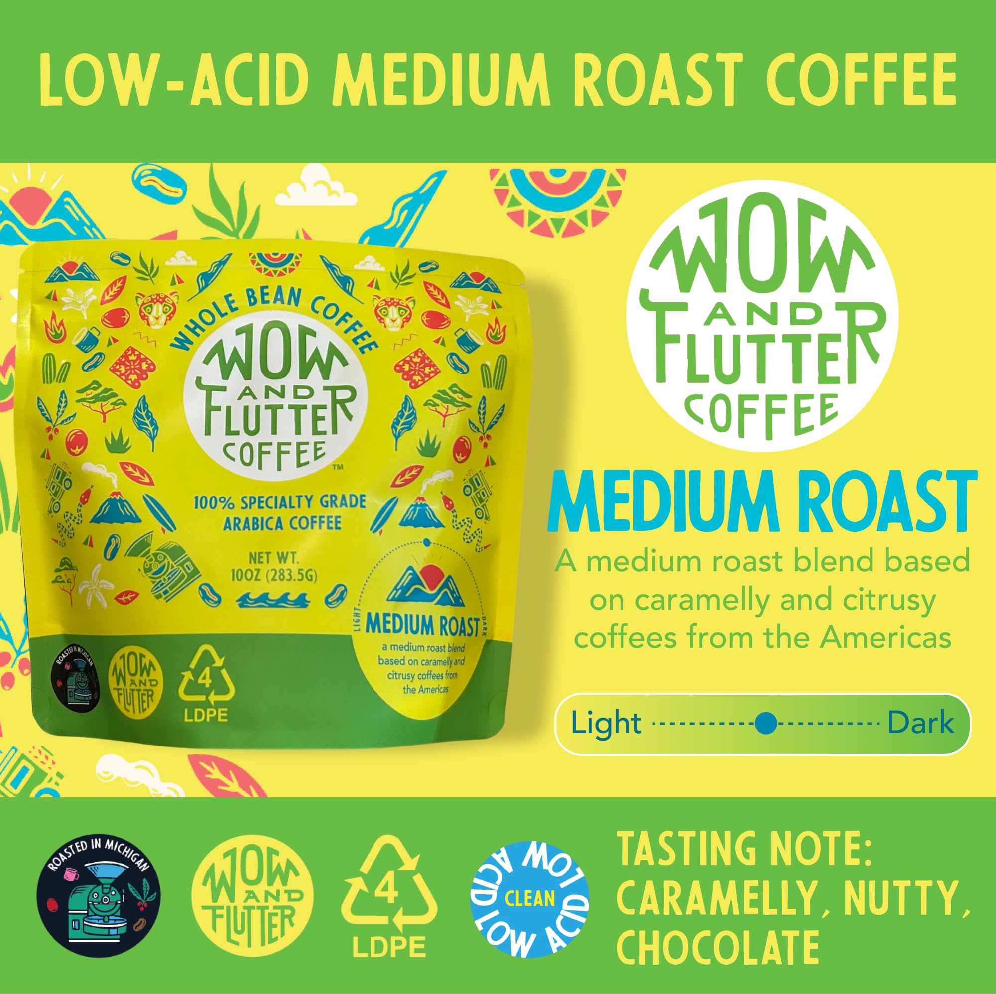 Wow and Flutter Low-Acid Medium Roast Whole Bean Coffee | Smooth, Caramelly & Nutty Flavor, Never Bitter | Clean Coffee Lab-Tested for Mold & Yeast |