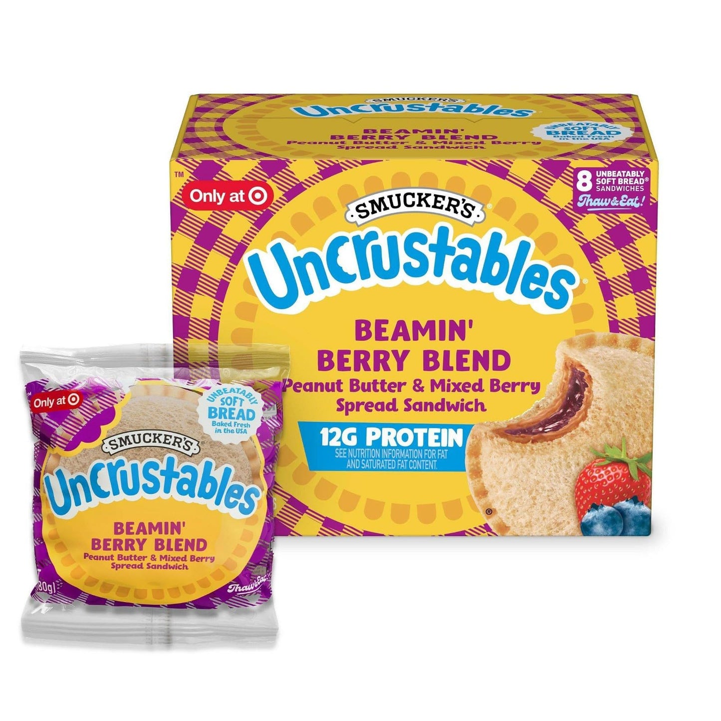 Uncrustables Morning Protein Peanut Butter & Mixed Berry Spread Sandwich, 2.8 oz Each, 90 Count
