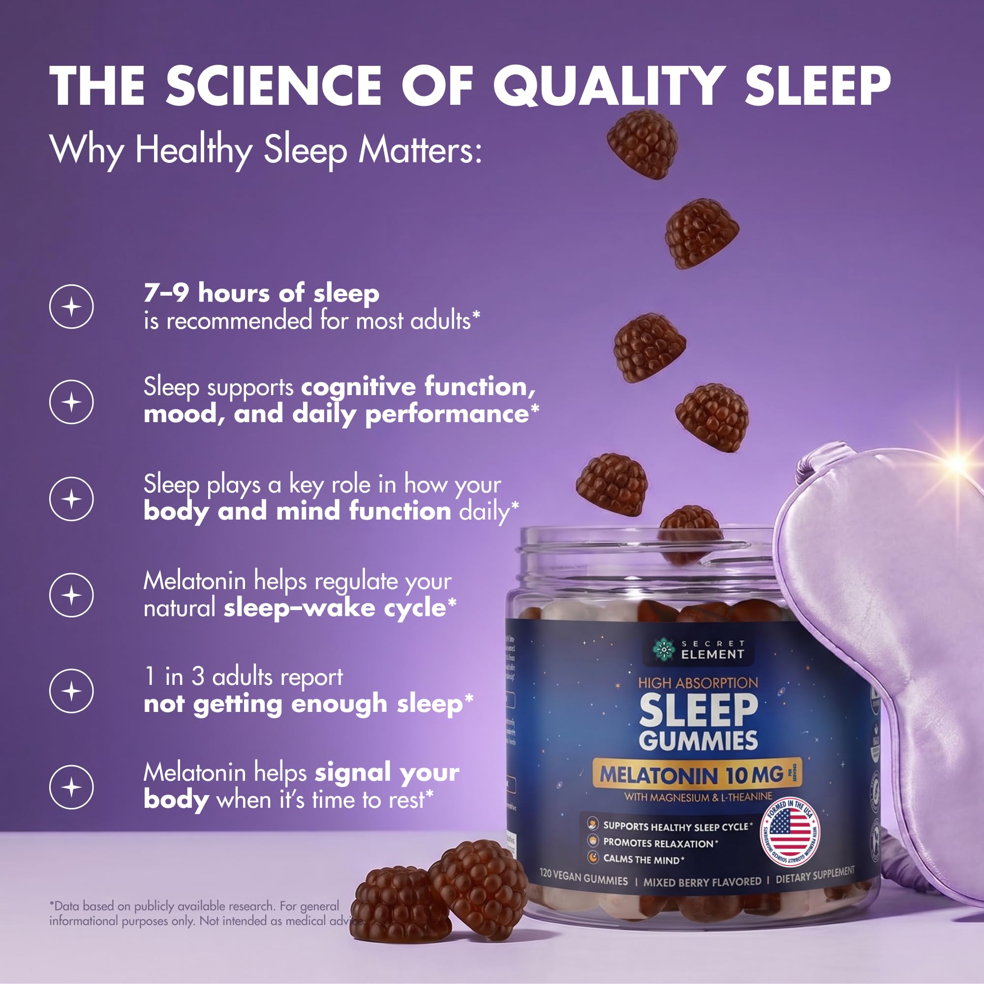 Mixed Berry Gummies with Melatonin 10mg, Magnesium & L-Theanine - Vegan, Non-GMO, Sugar Free