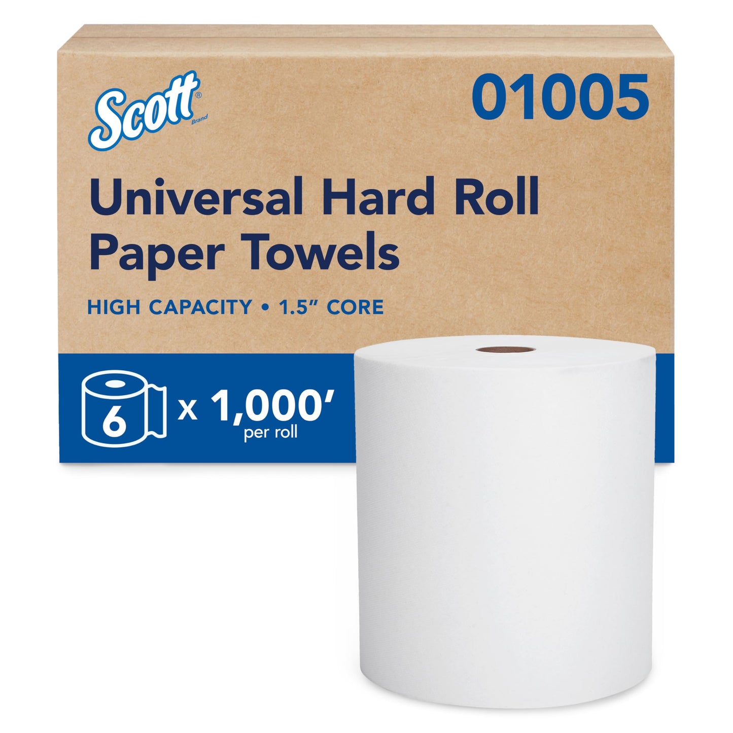 Scott Professional Essential Universal High-Capacity Hard Roll Paper Towels, Bulk (01005), Hardwound 1.5" Core, Absorbency Pockets, White (6 Rolls at