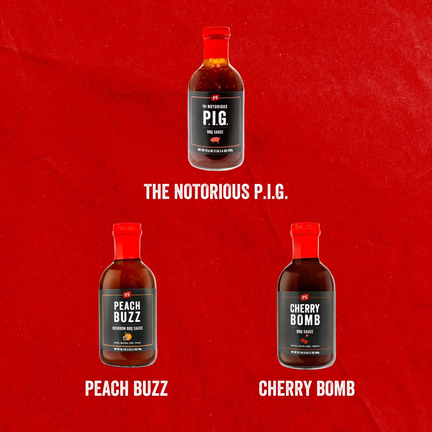 PS Seasoning Sweet Spicy BBQ Sauce Variety 3 Pack - Peach Buzz, Cherry Bomb, and Notorious PIG Gourmet Barbecue Sauce Set for Grilling Cooking