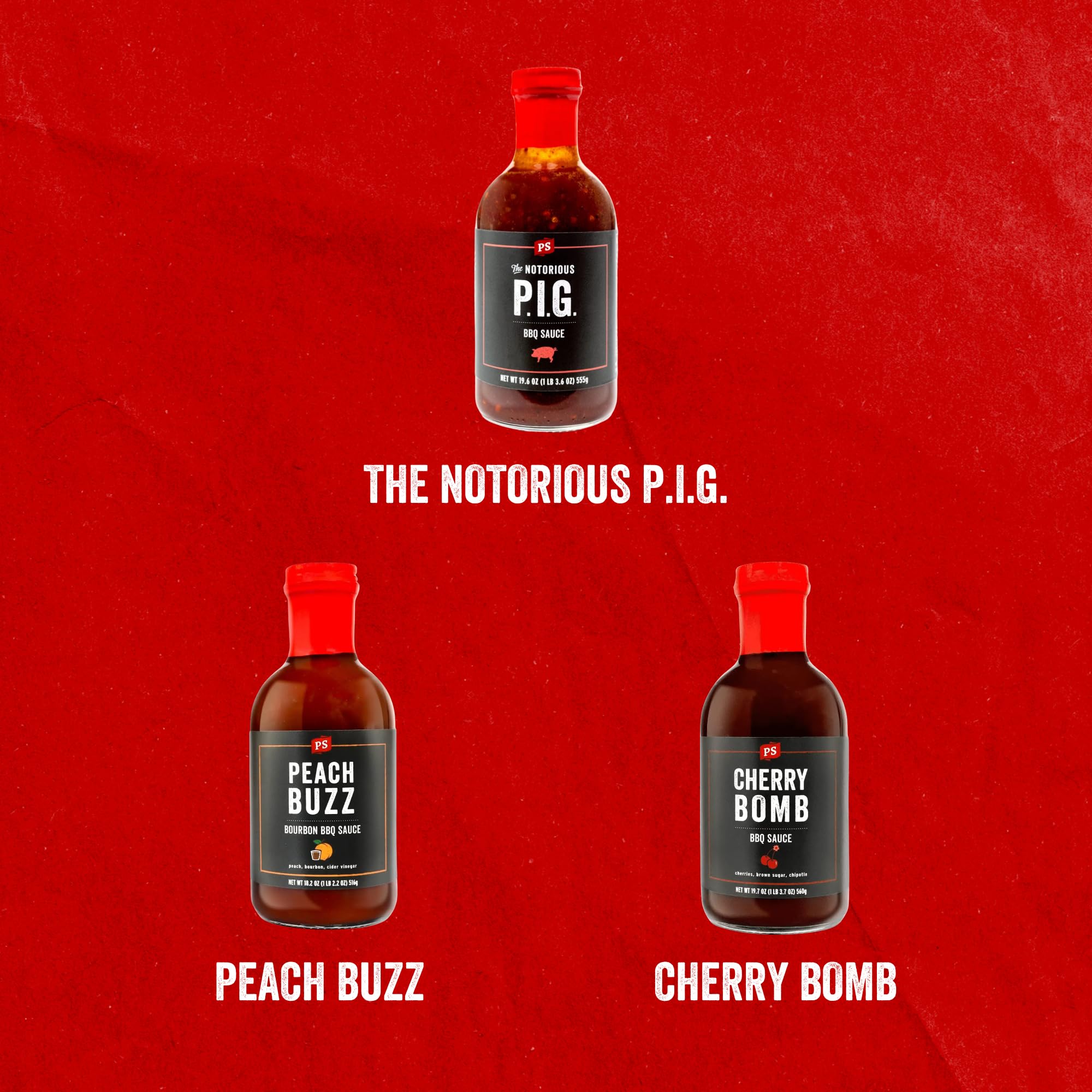 PS Seasoning Sweet Spicy BBQ Sauce Variety 3 Pack - Peach Buzz, Cherry Bomb, and Notorious PIG Gourmet Barbecue Sauce Set for Grilling Cooking