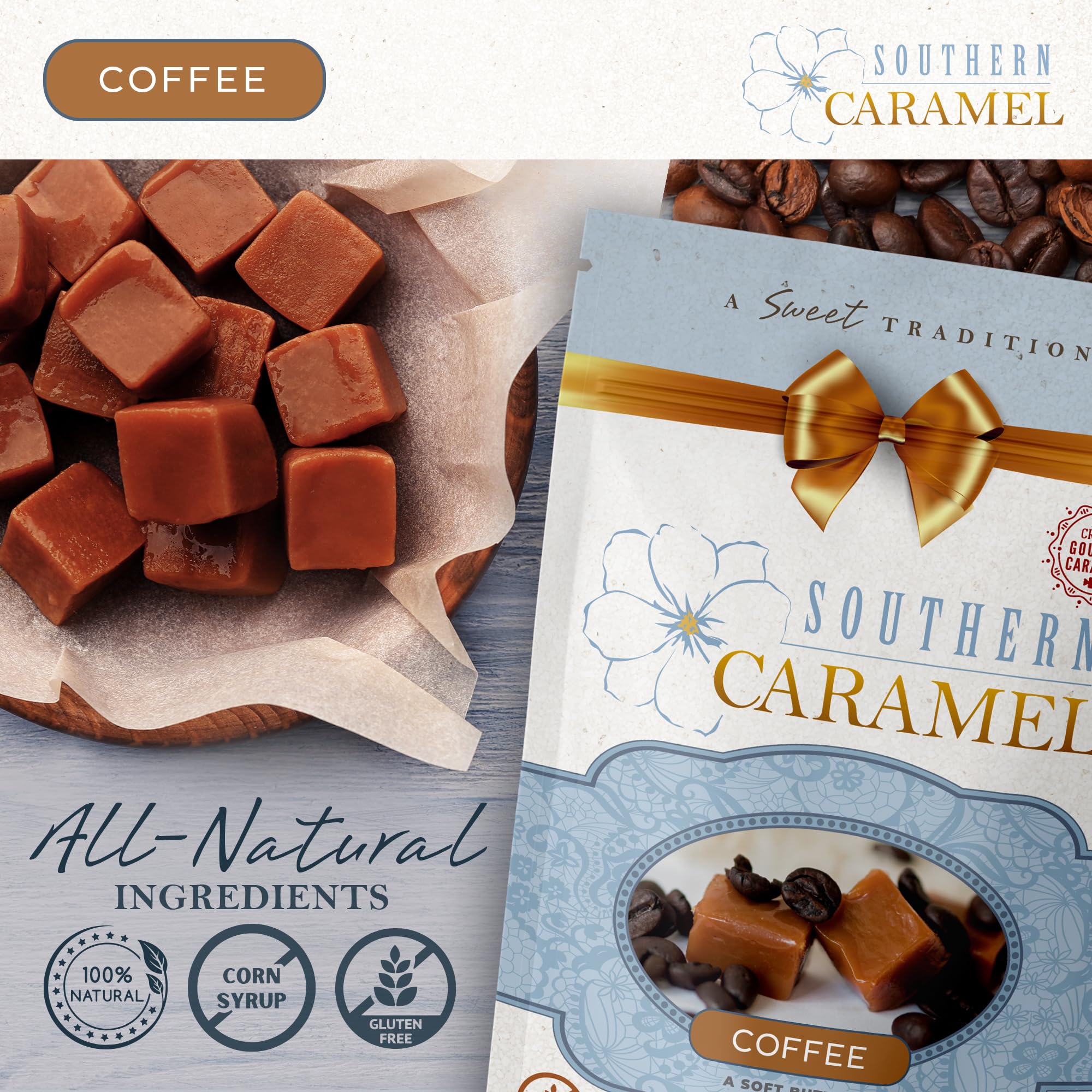 Southern Caramel Coffee Caramels, Soft Buttery Gourmet Caramel Candy Infused with Rich Coffee Flavor, Handcrafted, Small Batch, Gluten Free, No Corn