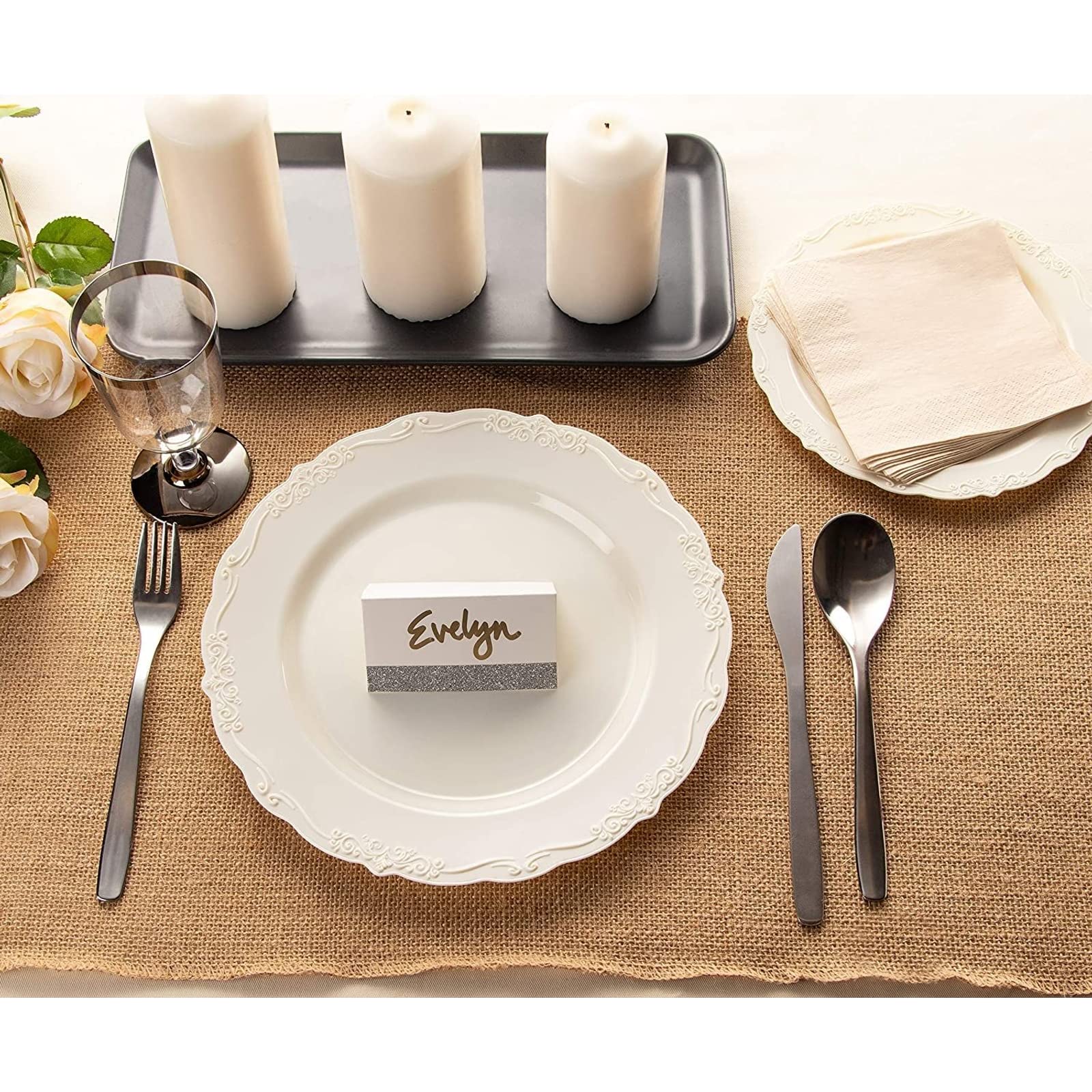 Juvale Disposable Plastic Dinner Plates - Cream Disposable Dinnerware for Weddings & Bridal Showers - Vintage Plastic Dinner Plates for Weddings
