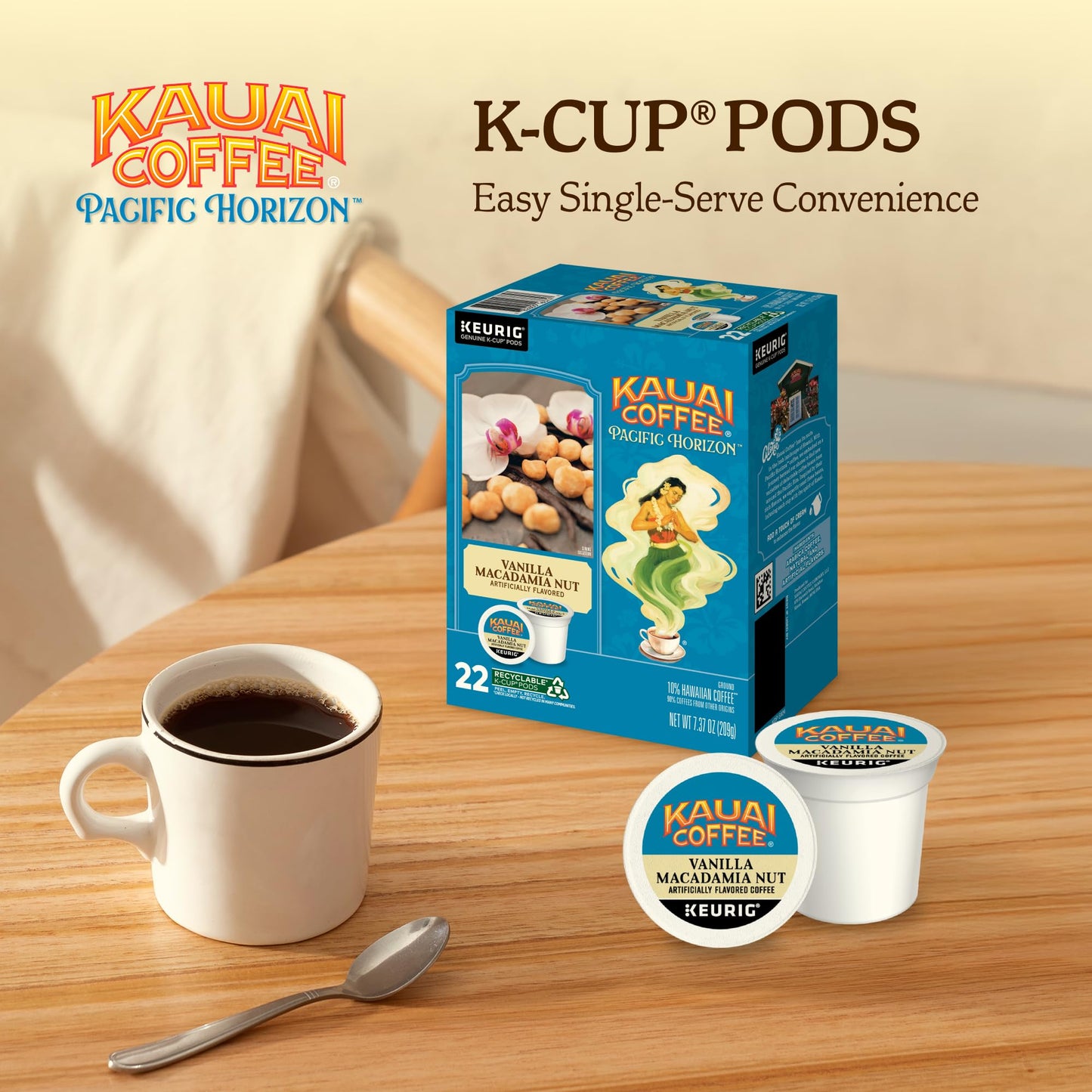 Kauai Coffee K-Cup Pods for Keurig Brewers - Arabica Coffee, 10% Hawaiian - Medium Roast, Vanilla Beans with Toasted Macabamia Nuts - Vanilla