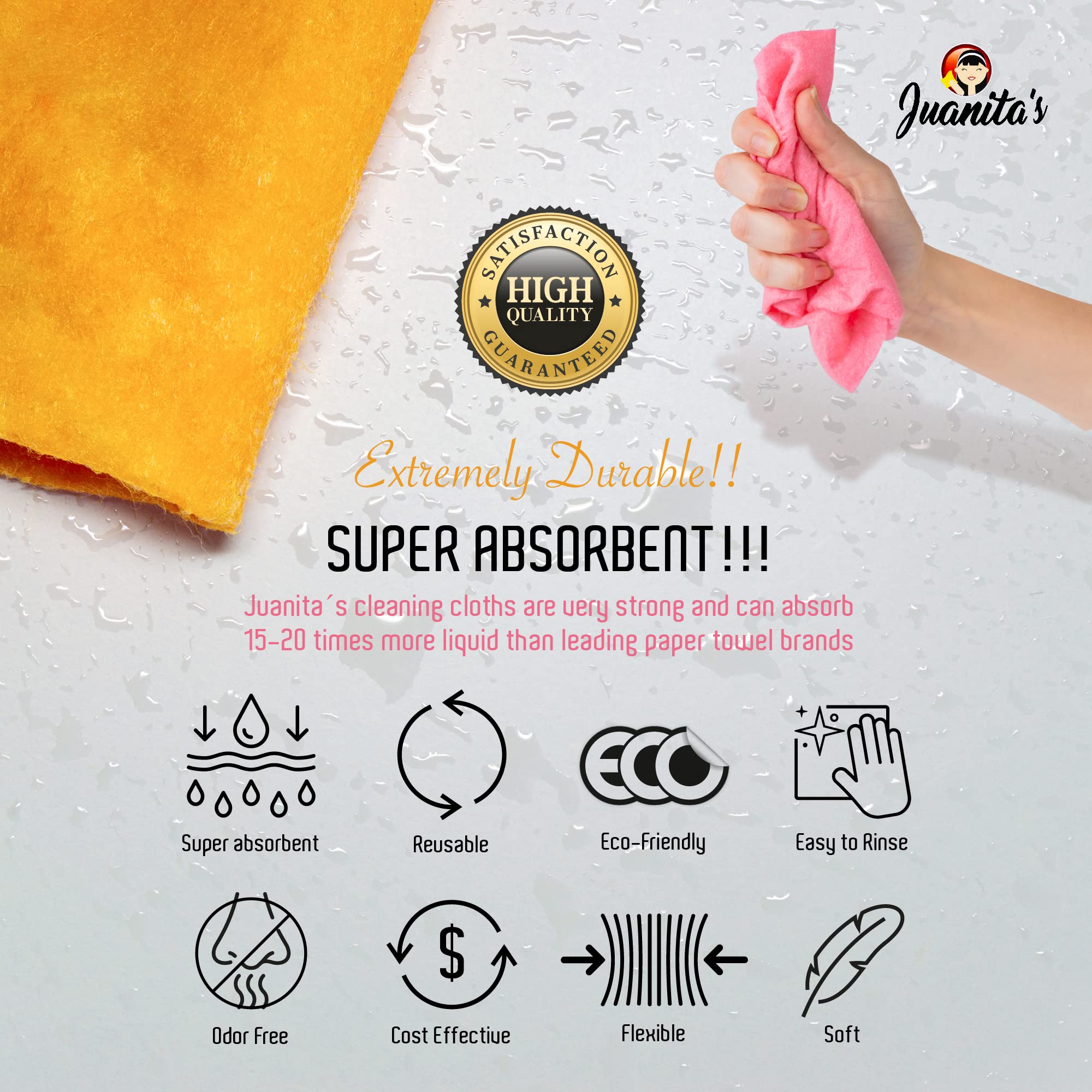 Juanita’s Reusable Paper Towels (25 Sheet Roll) - Washable & Heavy Duty Eco-Friendly Cleaning Cloths - Ultra-Absorbent, Lint-Free & Quick Drying