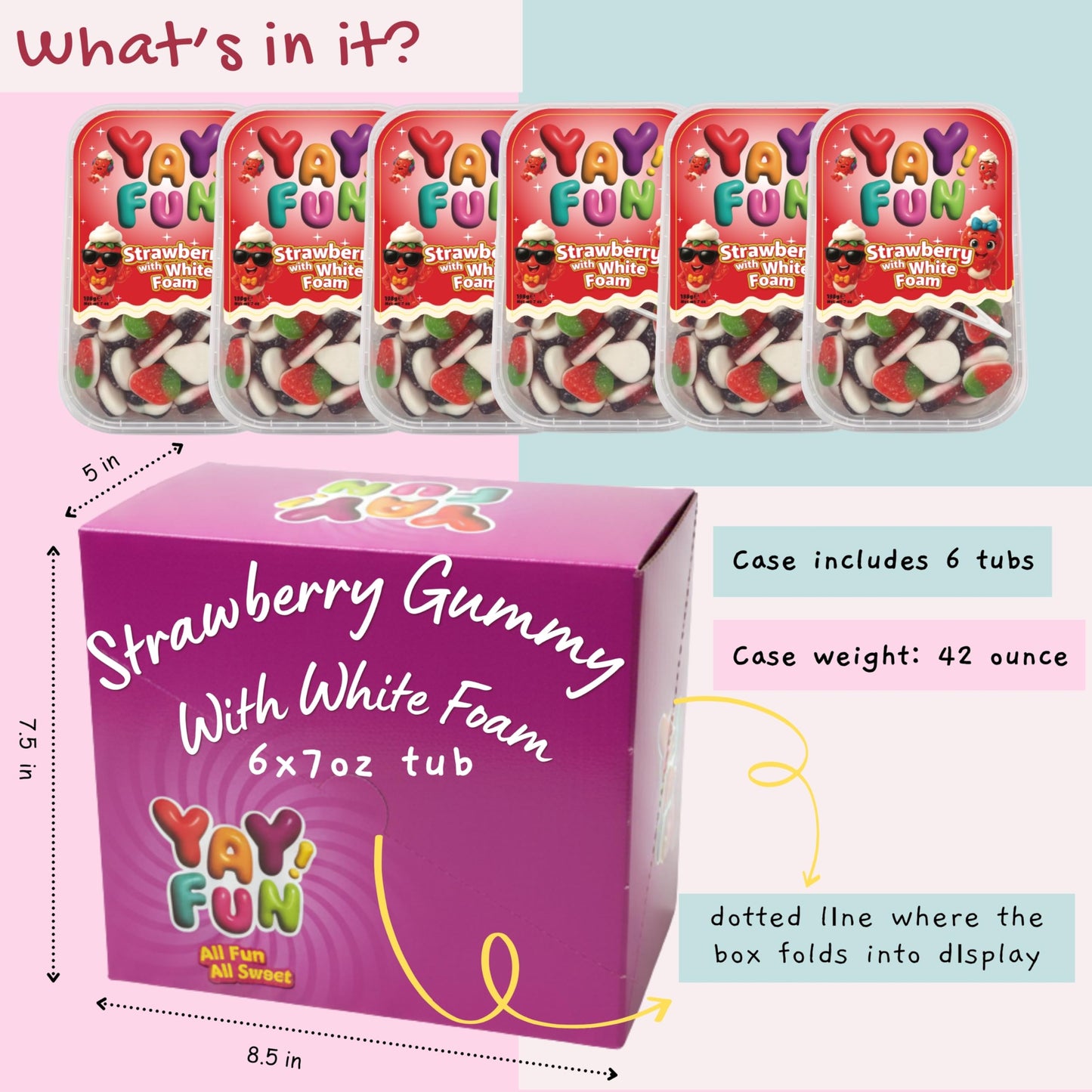 Halal Strawberry Gummy with White Foam | 6 Pack Bundle (6x7 oz Tubs) | Soft & Chewy Strawberry Gummies | Resealable Tubs in Bulk with Display Box |
