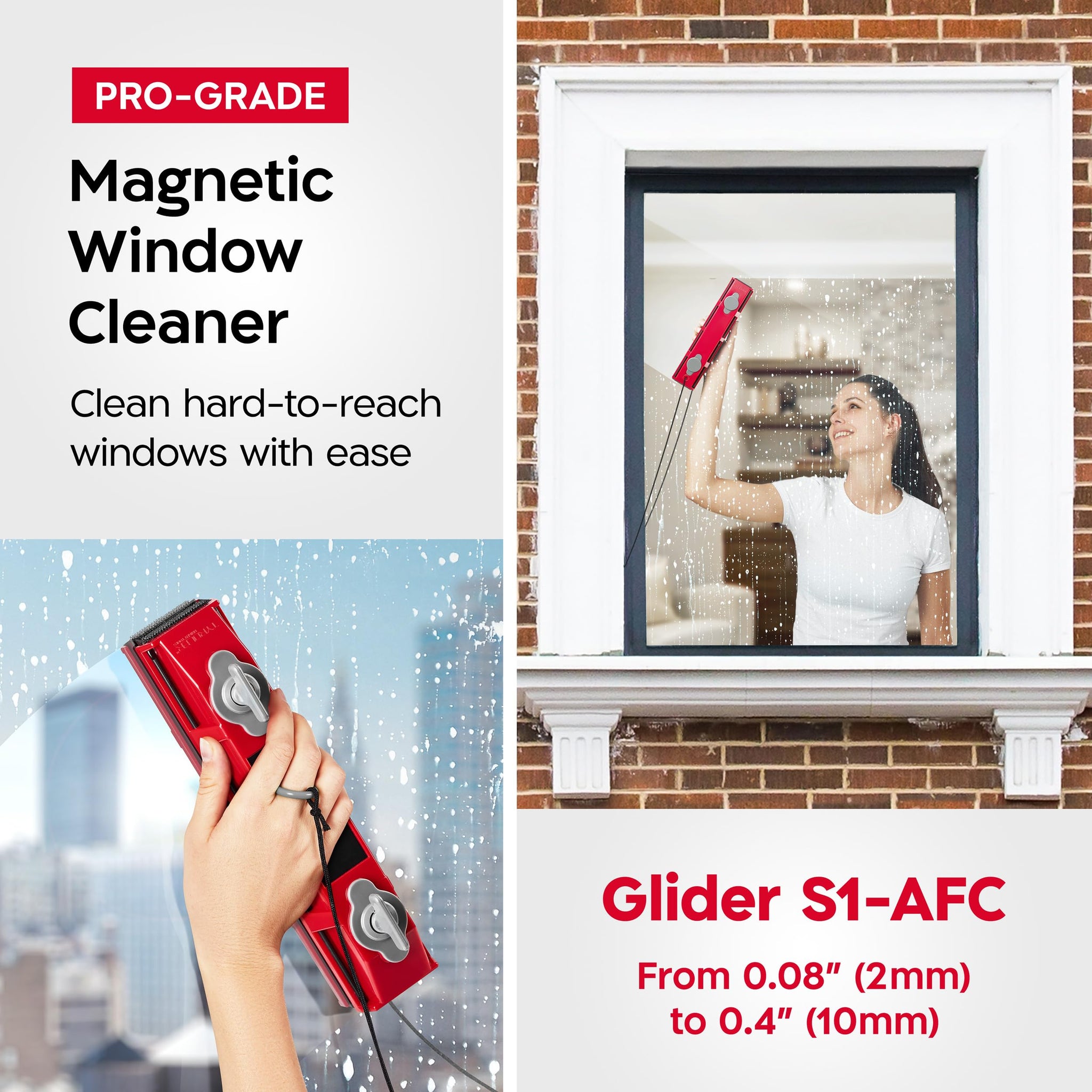 Tyroler Outside Magnetic Window Cleaner Tool | The Glider S-1 AFC Double-Sided Window Cleaner Tool Fits Windows 0.1"-0.4" Thick | Magnet Window