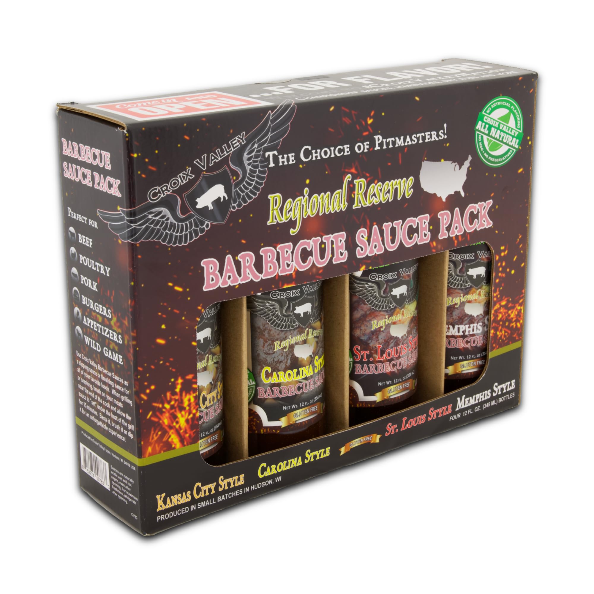 Croix Valley Regional BBQ Sauce Gift Pack - 4 Pack (12 oz Glass Bottles) - Kansas City, Carolina, Memphis & St. Louis Style Sauces - Gluten-Free, No
