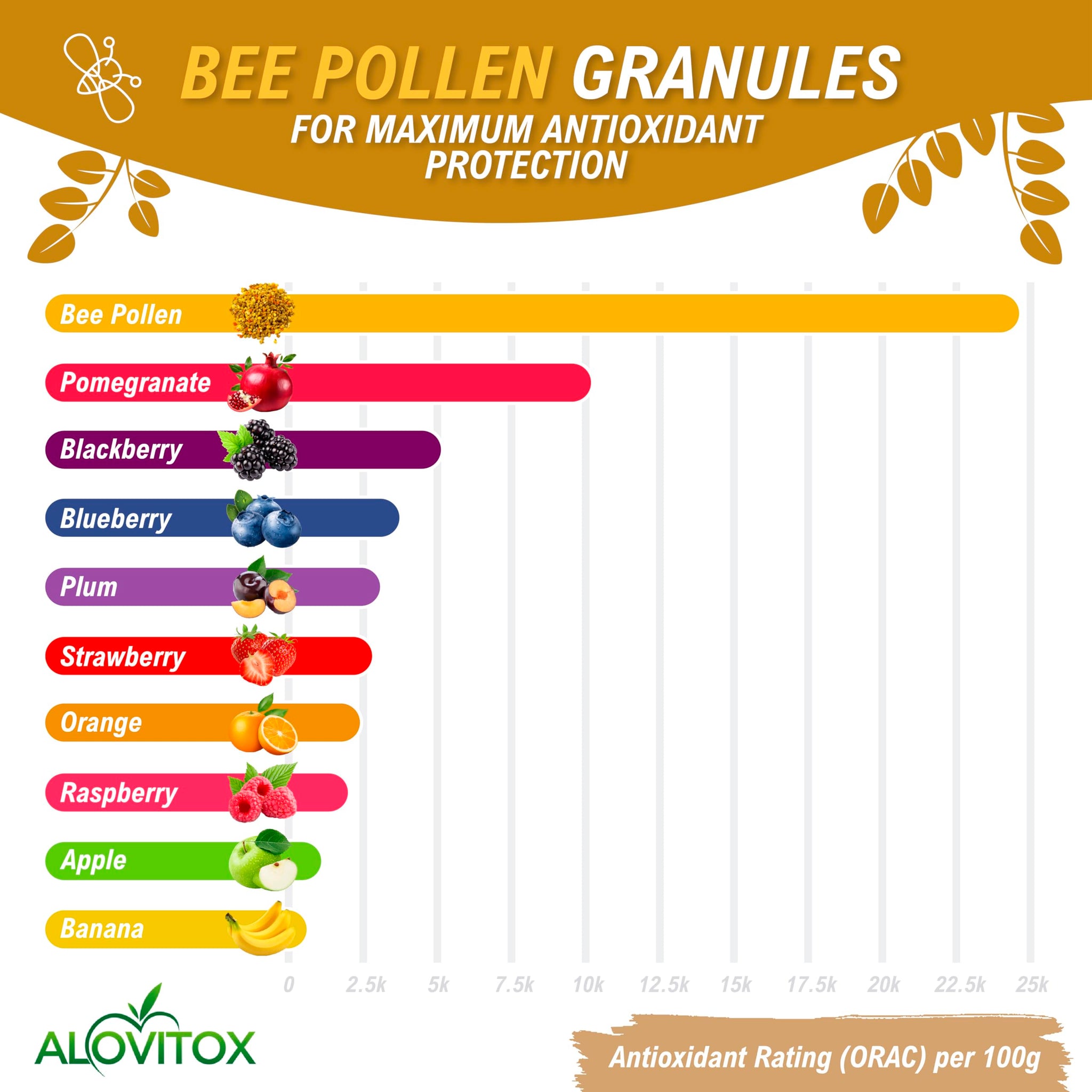 Alovitox Bee Pollen Granules | 100% Raw Superfood Packed with Antioxidants, Proteins, Vitamins, Minerals, Carbohydrates | Naturally Energizing