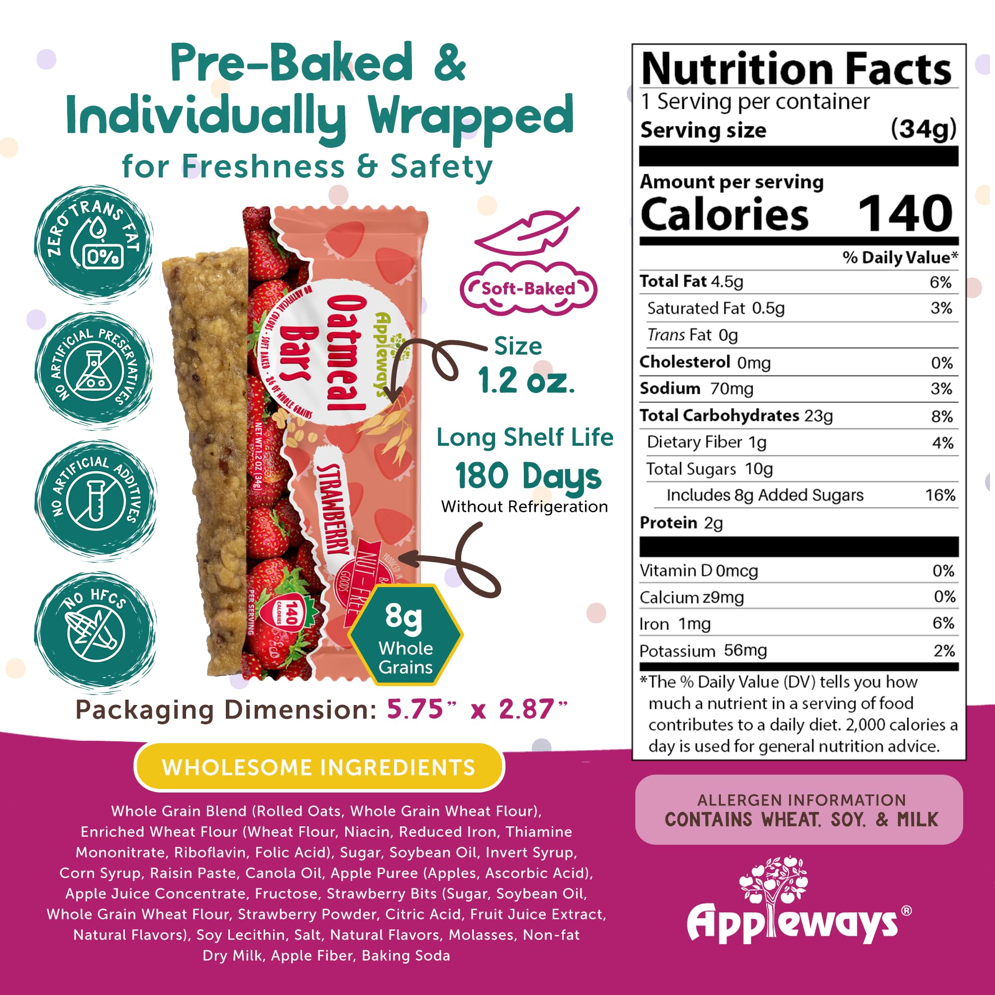 Appleways Strawberry Oatmeal Bars, 1.2 oz, 216 Count - Individually Wrapped, Whole Grain Soft Baked Oat Snack Bars, Healthy and Nut-Free Breakfast Bar