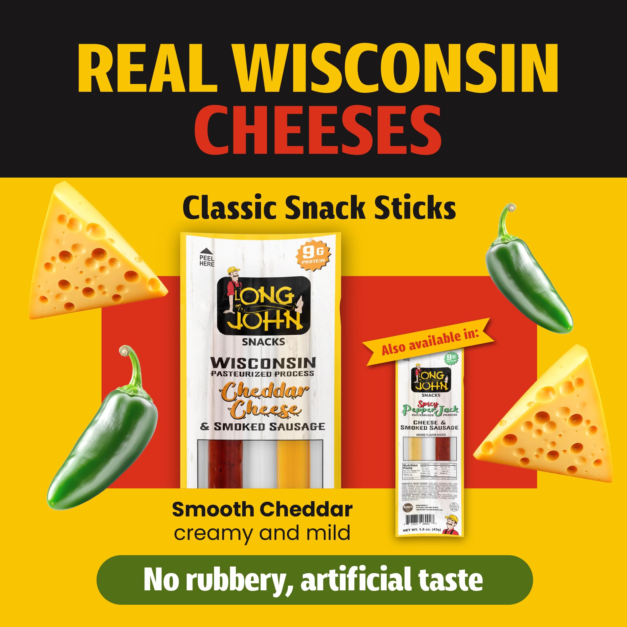 Long John Snacks Meat and Cheese Sticks - Original Smoked Sausage & Real Wisconsin Cheddar Cheese Stick - High Protein Snacks Made from Premium USA