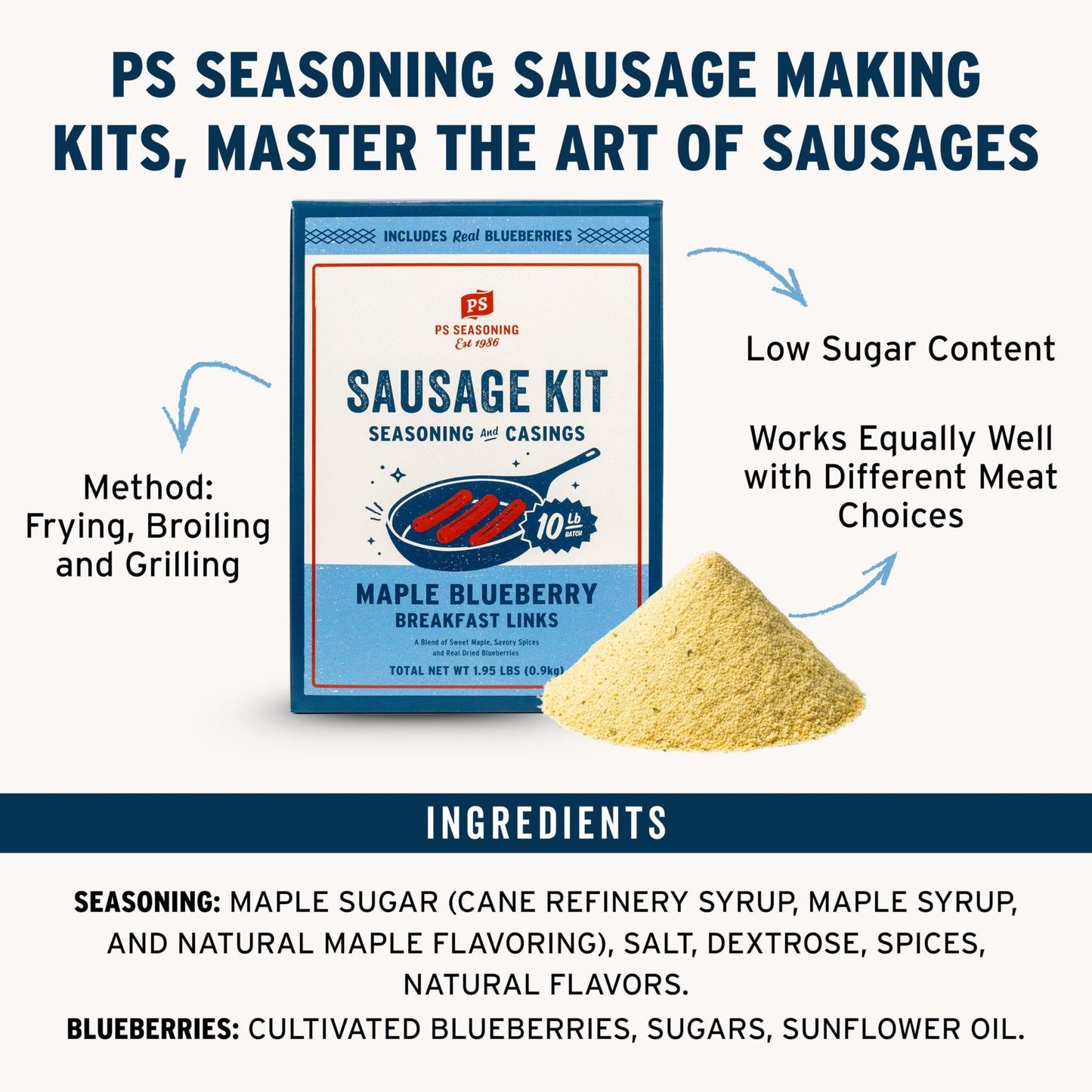 PS Seasoning Maple Blueberry Breakfast Brat Sausage Making Kit for Homemade Links, Complete Seasoning Mix with Real Blueberries and Natural Casings