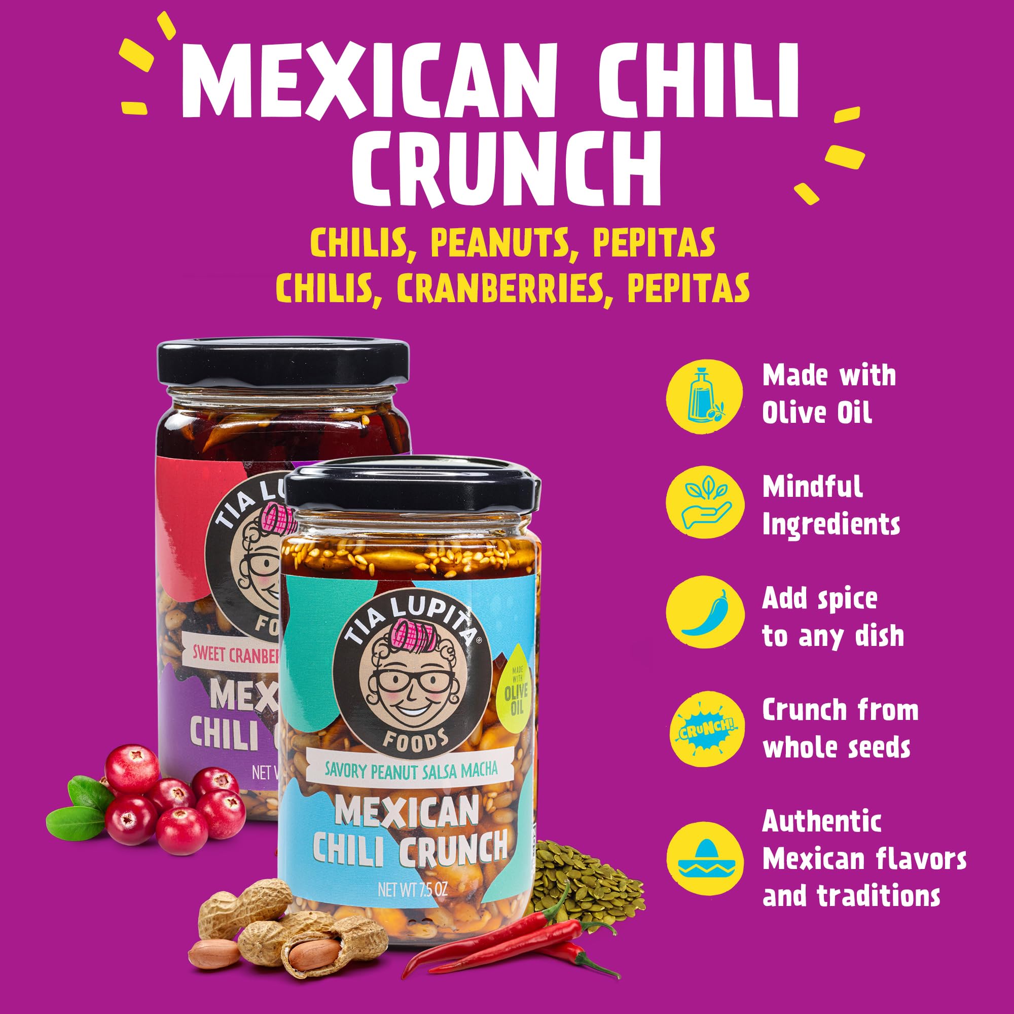 Tia Lupita Mexican Chili Crunch - Salsa Macha, Crunchy Morita Chili Oil | Gluten-Free, Non-GMO, Vegan | Cranberry & Peanut Variety (2 Pack)