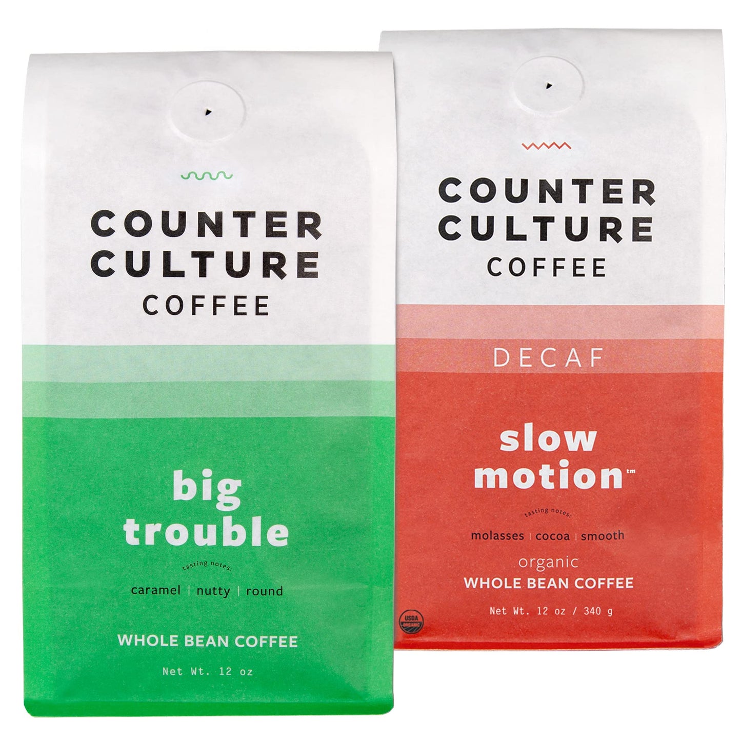 Counter Culture Whole Bean Coffee 2-Pack (Big Trouble - Medium Dark Roast & Slow Motion - Organic Decaf Medium Roast) Sustainably Sourced, Whole