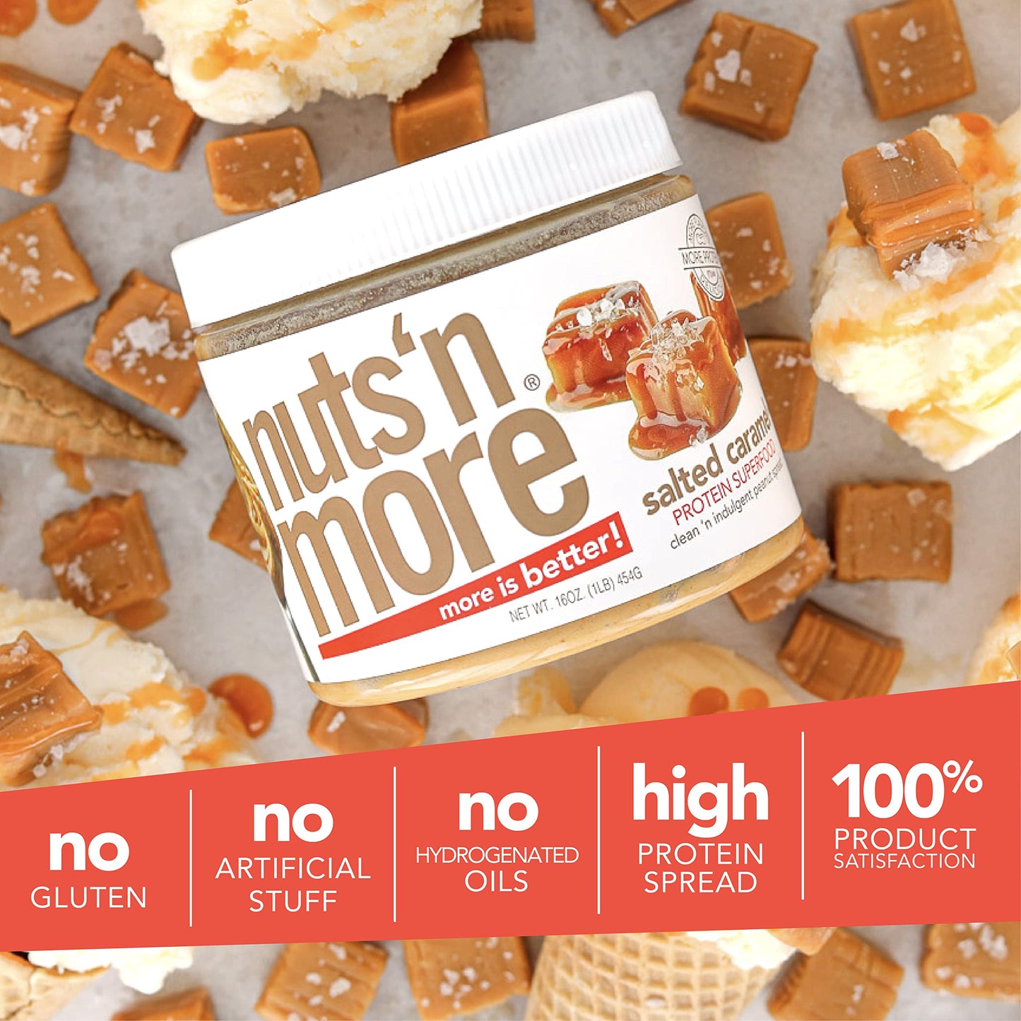 Nuts ‘N More Salted Caramel Peanut Butter Spread - High Protein, Low Carb, Low Sugar, Gluten Free, Non-GMO, All-Natural Nut Butter Snack (15oz Jar)