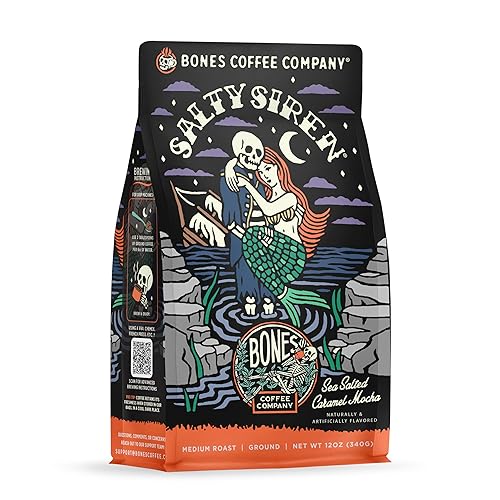 Bones Coffee Company Salty Siren, Sea Salted Caramel Chocolate Flavored Coffee, Medium Roast Low Acid Arabica Beans Compatible with Auto drip
