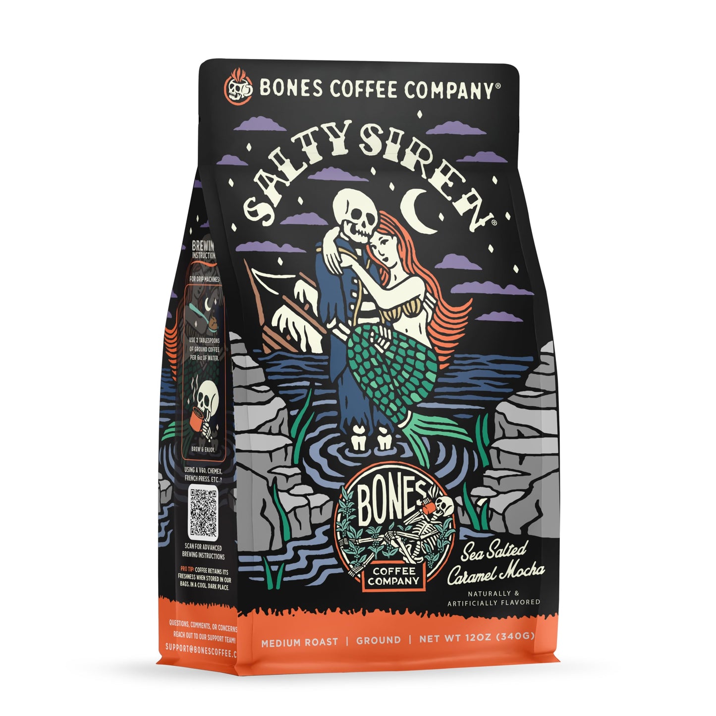 Bones Coffee Company Salty Siren, Sea Salted Caramel Chocolate Flavored Coffee, Medium Roast Low Acid Arabica Beans Compatible with Auto drip