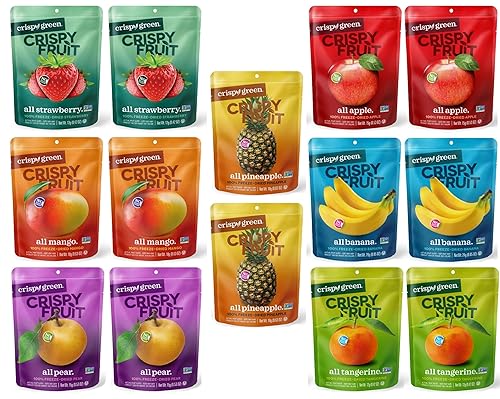 Crispy Green Freeze Dried Fruit Crisps Variety Pack (14 count) - Apple, Asian Pear, Banana, Mango, Strawberry, Pineapple and Tangerine
