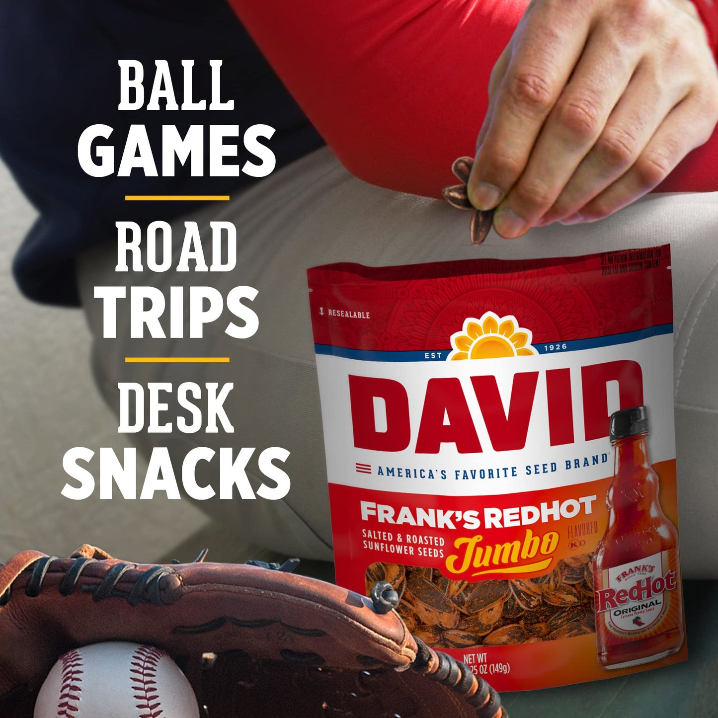 DAVID Roasted and Salted Jumbo Sunflower Seeds, Frank's Redhot Flavor, 5.25oz.