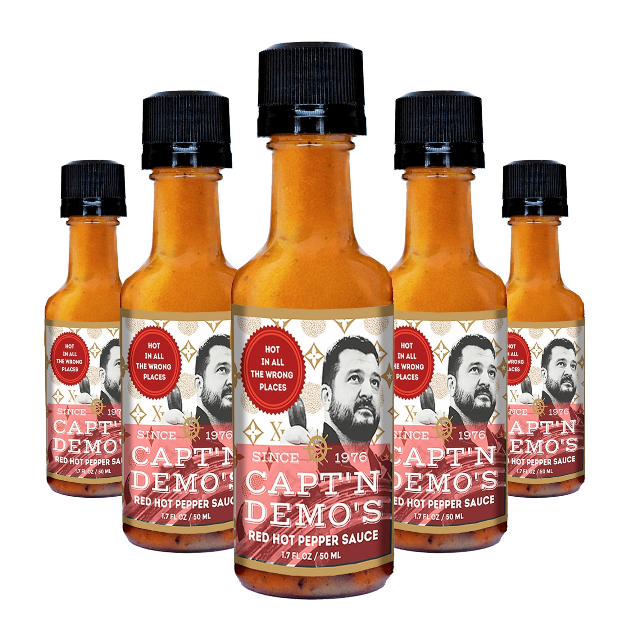 CAPTAIN DEMO's BIG TRUFFLE Red Hot Pepper Sauce- 5 Pack of Mini Travel Bottles. Never Leave Home Without Capt'n Demo!