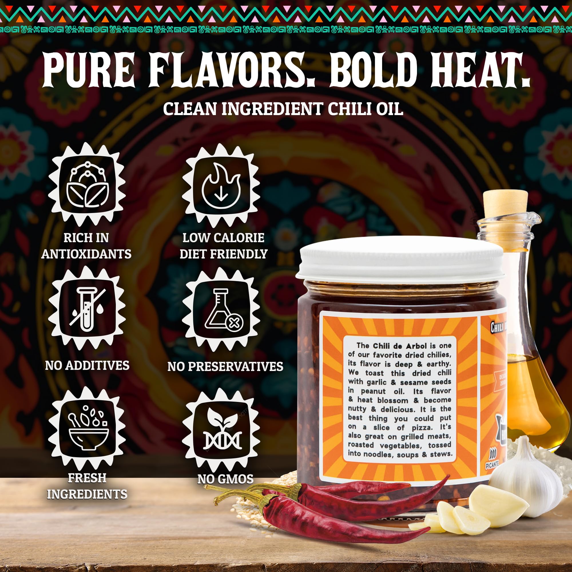 Hot Mama Salsa Chili de Arbol Chili Oil - A Chili Oil Rich in Antioxidants, Low Calorie, No Preservatives, Additives, or GMOs - Perfect for Mushrooms
