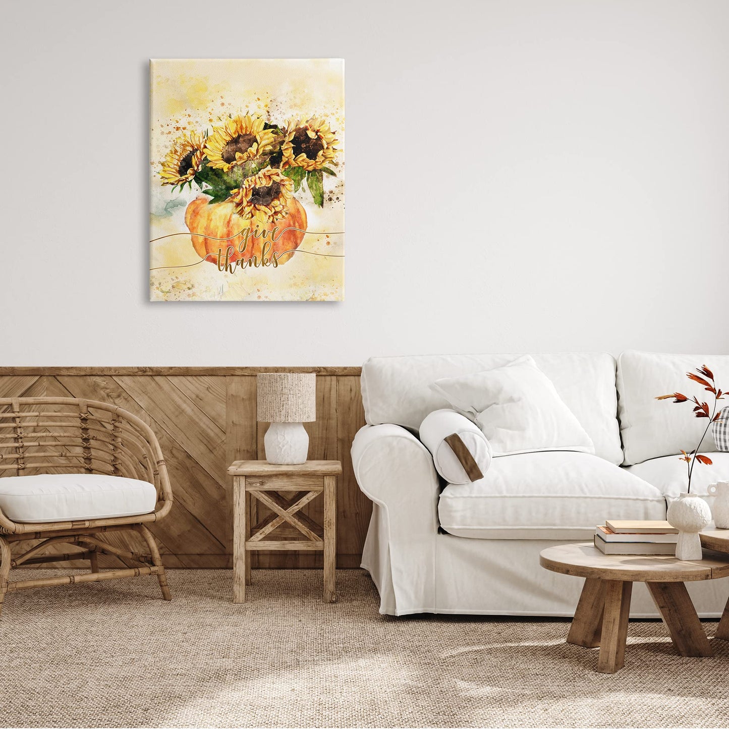 Stupell Industries Give Thanks Phrase Orange Pumpkin Sunflower Floral Burst, Design by Ziwei Li