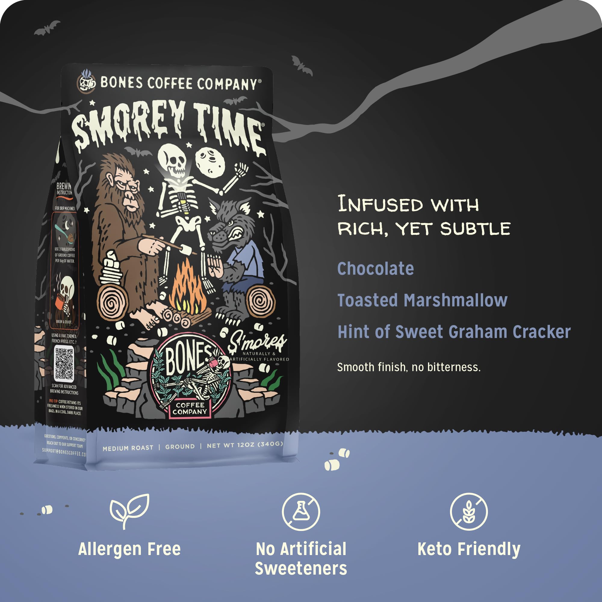 Bones Coffee Company S'morey Time, S'mores and Graham Crackers Flavored Coffee, Medium Roast Low Acid Arabica Beans Compatible with Auto drip