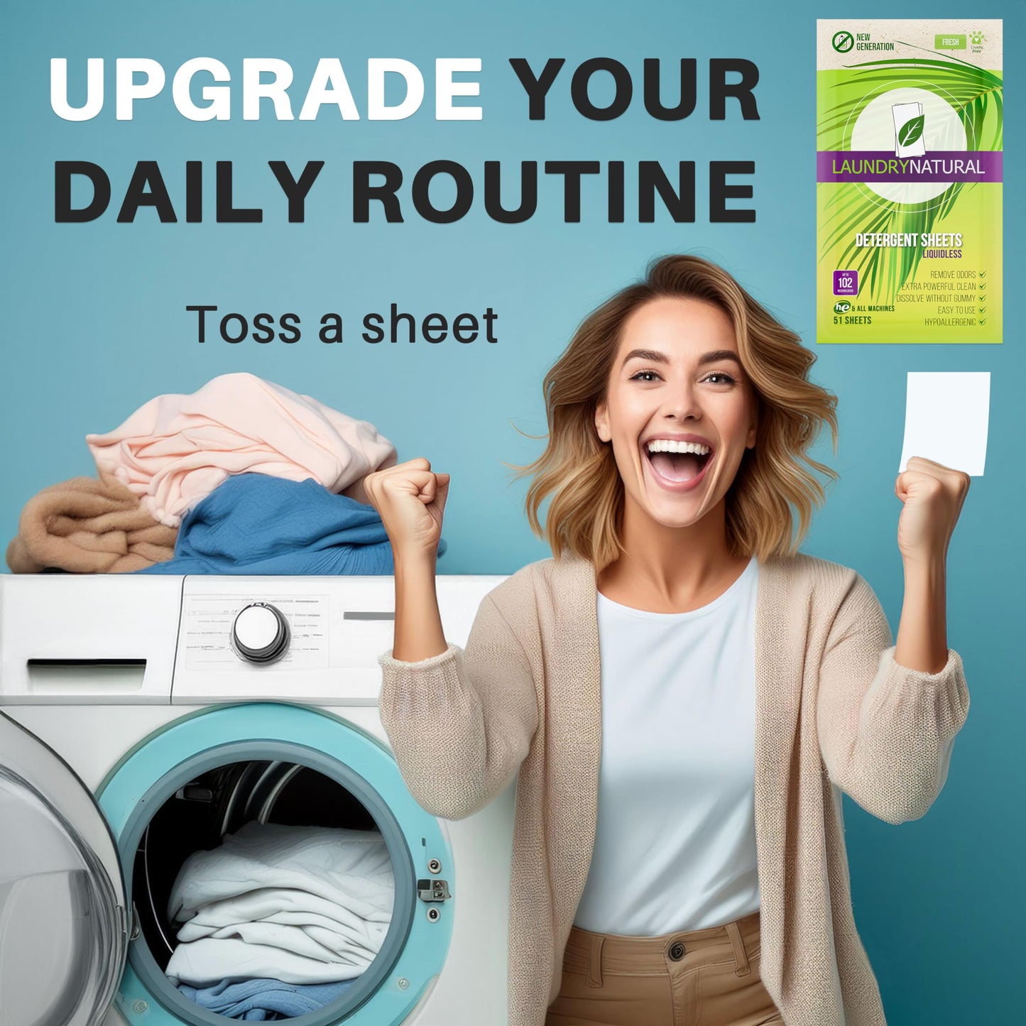 LAUNDRYNATURAL Laundry Detergent Sheets - Premium Wash & Enzymatic - Eliminate Sweat Odors - Hypoallergenic - Fresh Scent (102 loads) 51 Laundry