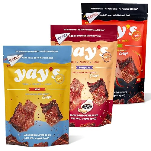 Yay's Beef Jerky Sampler Pack - Healthy High-Protein Snacks, Variety Pack of 3 Flavors (Mild, Spicy, Teriyaki), Low-Carb, Healthy Meat Snacks for Any