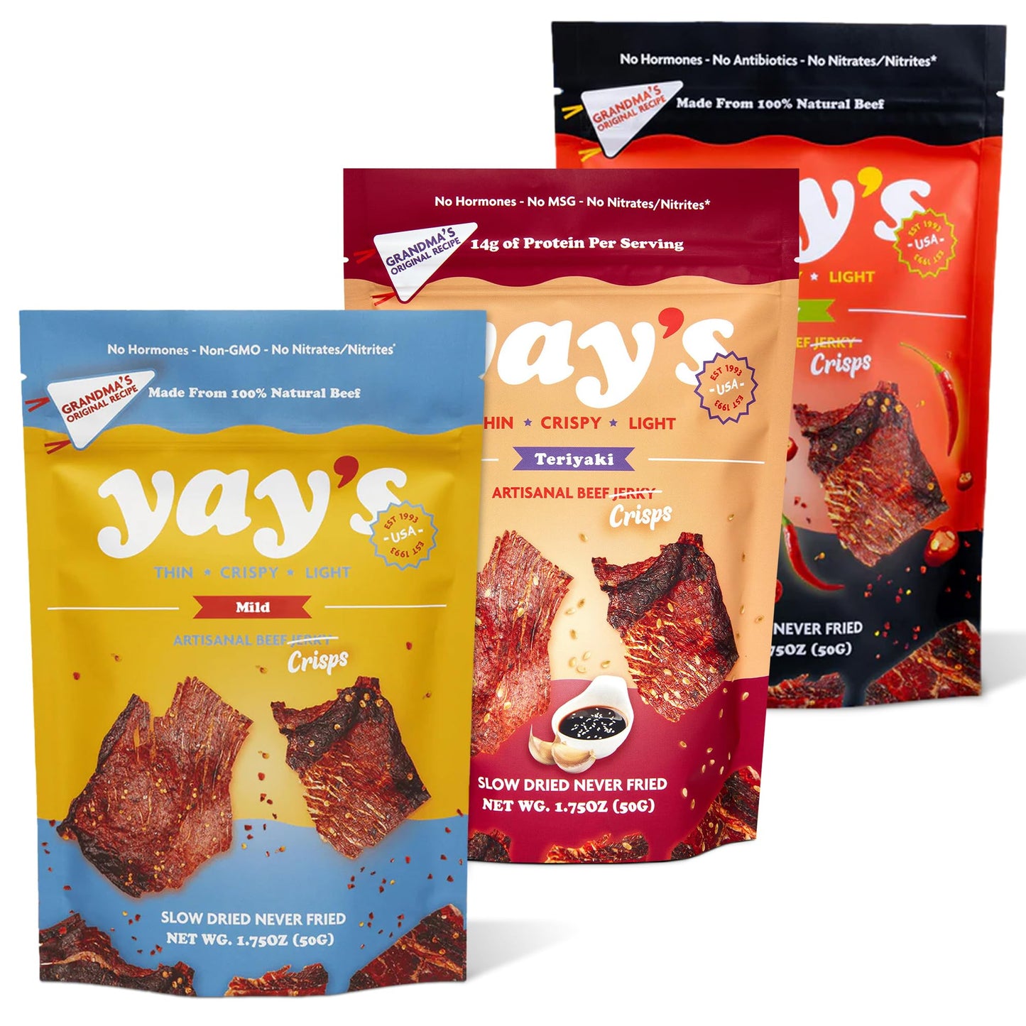 Yay's Beef Jerky Sampler Pack - Healthy High-Protein Snacks, Variety Pack of 3 Flavors (Mild, Spicy, Teriyaki), Low-Carb, Healthy Meat Snacks for Any