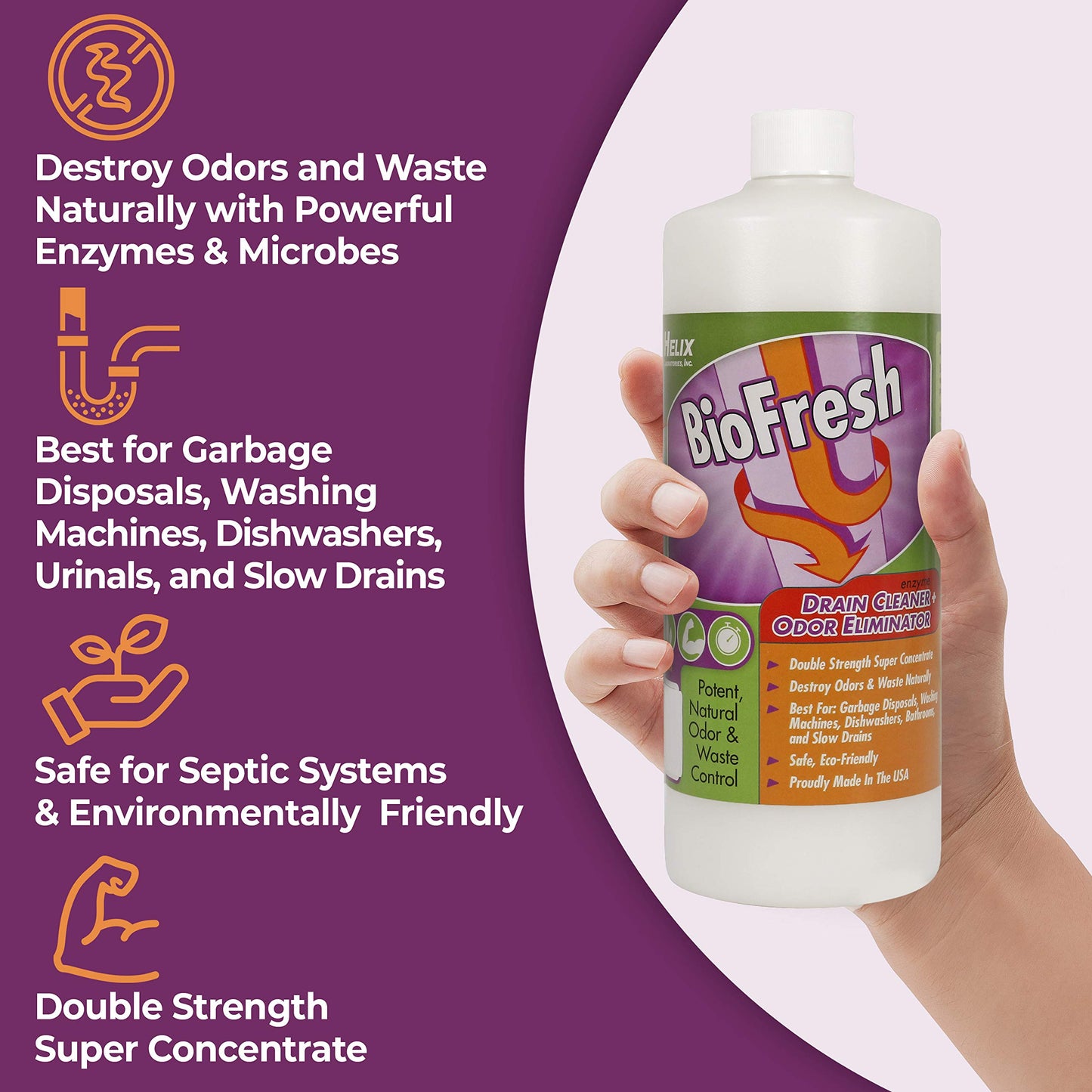 Enzyme Drain Cleaner & Deodorizer for Sink Drain, Showers, Septic Systems, Bathroom & Kitchen - Smell Remover for Fruit Fly Garbage Disposals
