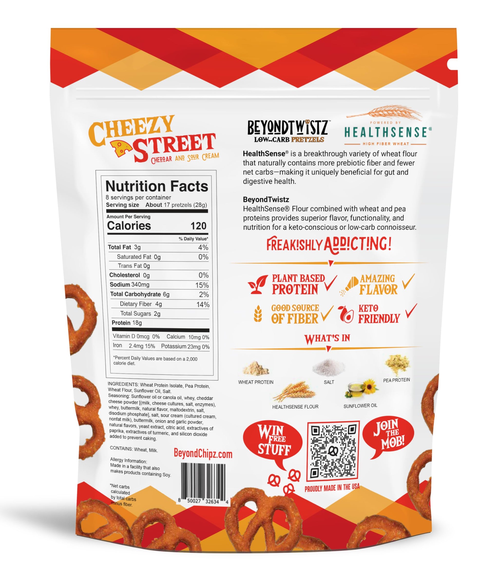 BeyondTwistz Low Carb Pretzels, Cheezy Street, Keto Friendly, 2g Net Carbs, 18g Protein, Powered By HealthSense® High Fiber Wheat Flour, Family Size