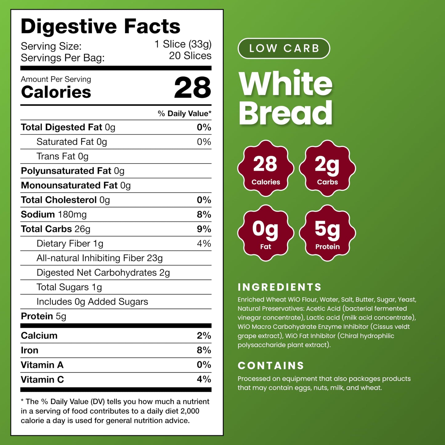 WiO SmartFoods™ White Bread Sliced, 20 Slices (1 Loaf), Low-Carb, Keto-Friendly, Fat-Free, Sugar-Free, Perfect for Sandwiches, Snacks, and Baking