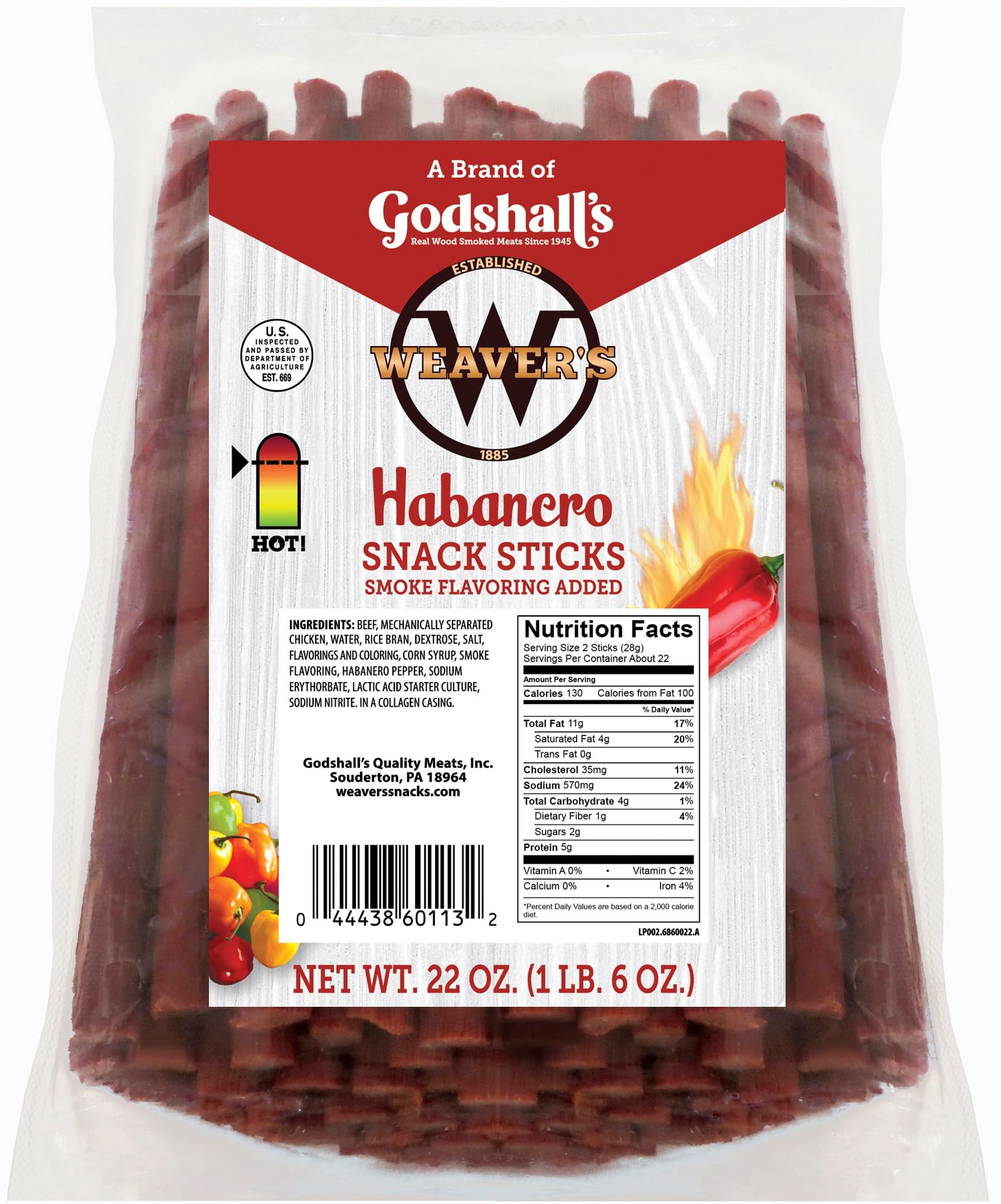 Weaver’s Habanero Snack Sticks (44 spicy 7" beef and chicken snack sticks per 22oz bag)