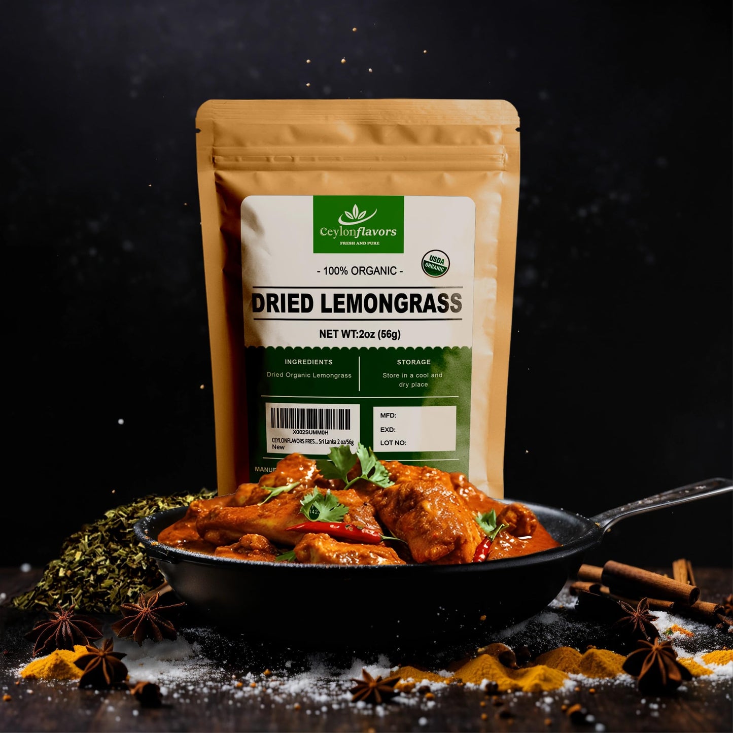 CEYLONFLAVORS FRESH AND PURE Organic Premium Grade Dried Lemon Grass Cut, harvested from a Organic Farm in Sri Lanka 2 oz/56g
