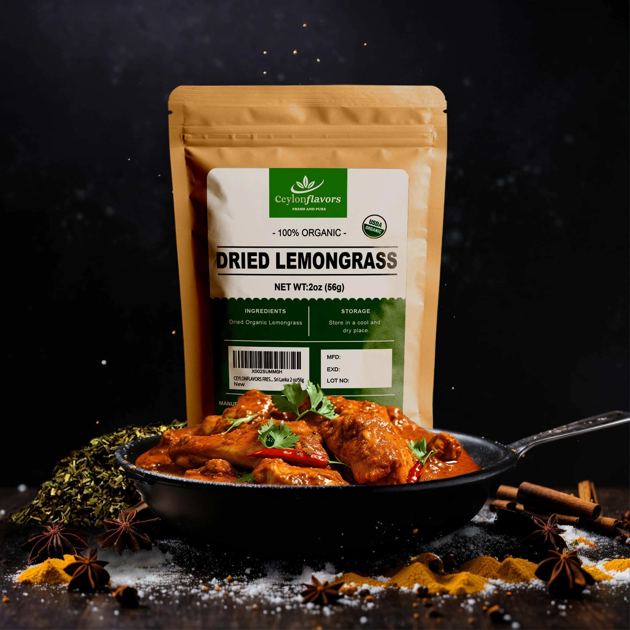 CEYLONFLAVORS FRESH AND PURE Organic Premium Grade Dried Lemon Grass Cut, harvested from a Organic Farm in Sri Lanka 2 oz/56g