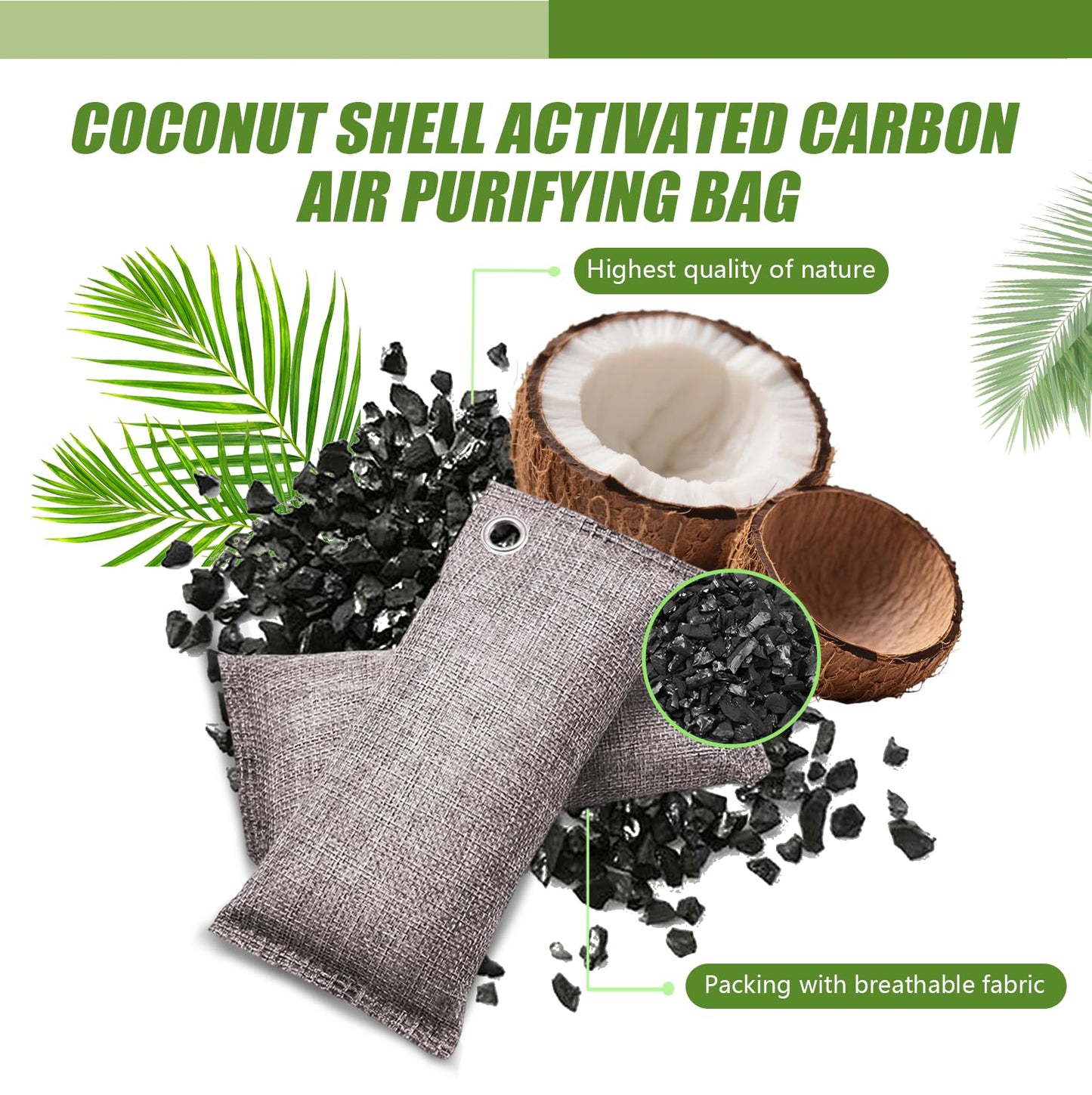 Activated Charcoal Odor Absorber, Odor Eliminator for Strong Odor,Coconut Shell Charcoal Air Purifying Bags for Home Car Closet Pet, Smoke Room