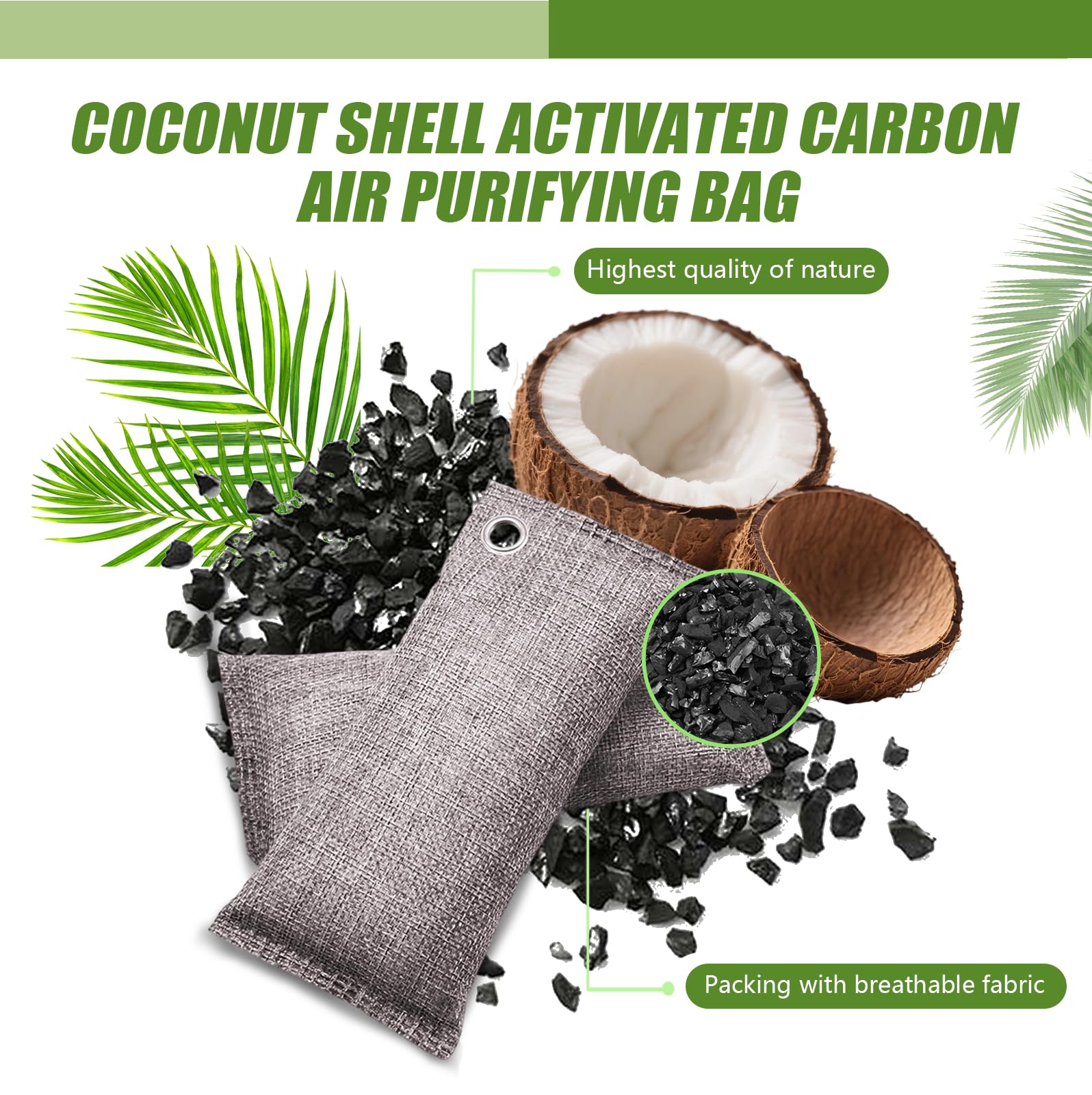Activated Charcoal Odor Absorber, Odor Eliminator for Strong Odor,Coconut Shell Charcoal Air Purifying Bags for Home Car Closet Pet, Smoke Room