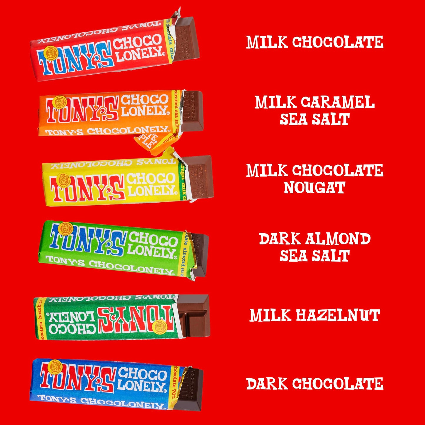 Tony’s Chocolonely Rainbow Chocolate Candy Bar Variety Pack, Belgian Dark & Milk Chocolate With Sea Salt, Caramel, Almond, Hazelnut, & Nougat, Made