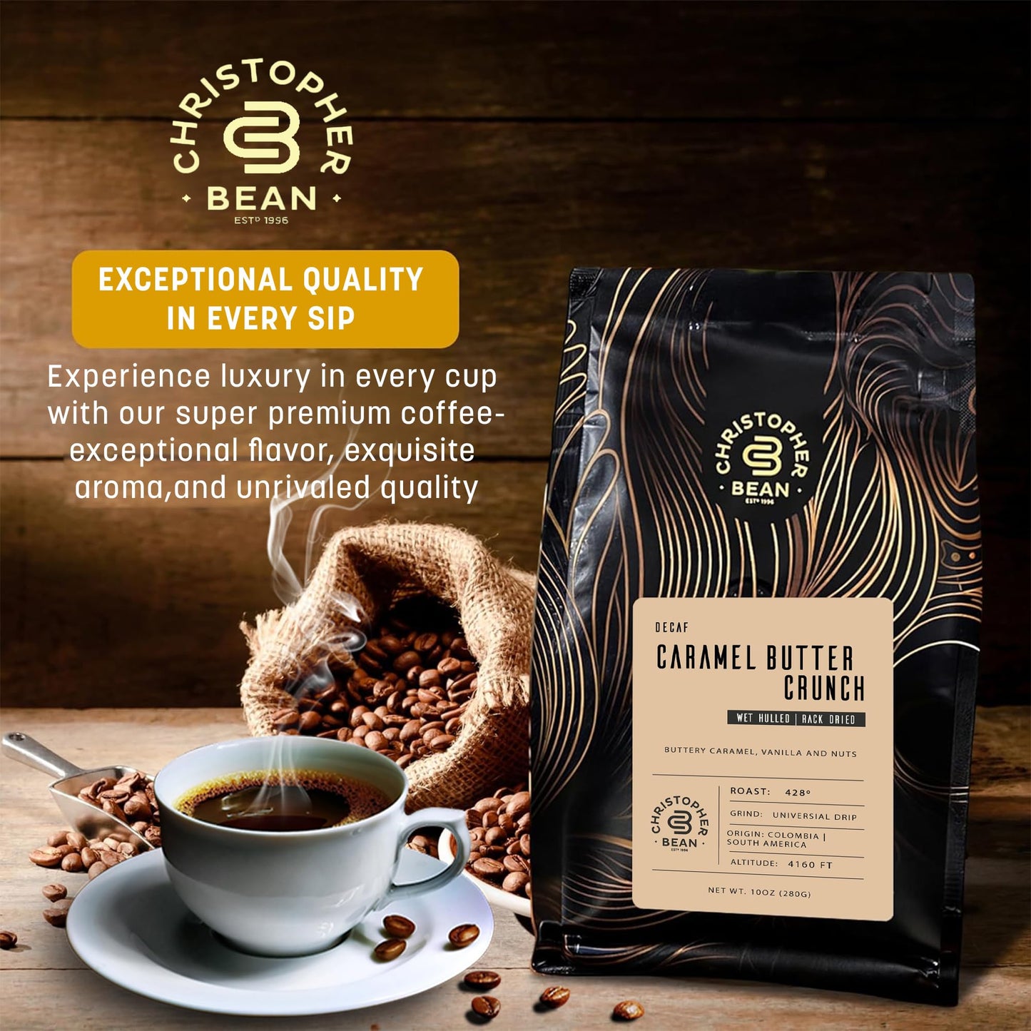 Christopher Bean Coffee - Certified Kosher - Decaf Ground Caramel Butter Crunch Flavored Coffee with Medium Roast | Caramel Butter Crunch Coffee No