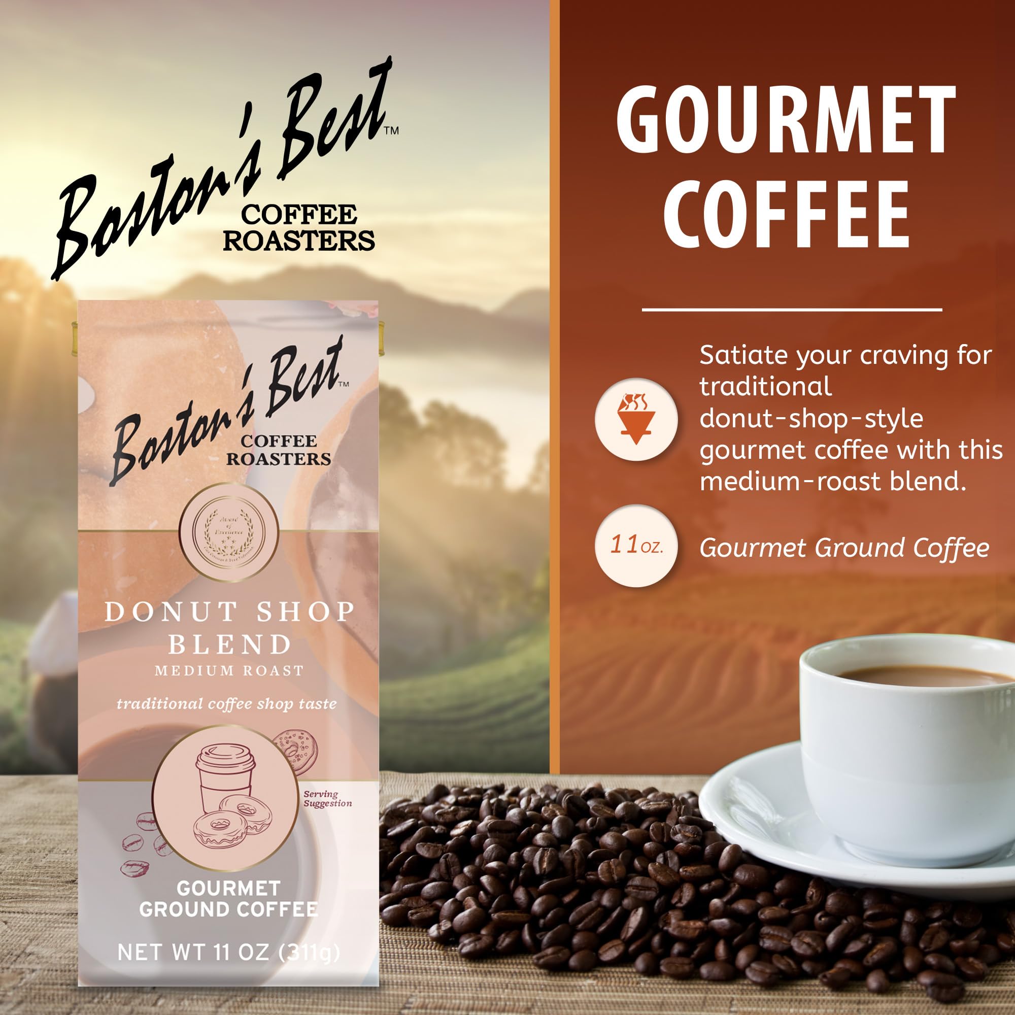 Boston’s Best Coffee - Donut Shop Gourmet Hearty Medium Roast, Premium Ground Coffee, 11 oz. / 311 g Coffee Bag
