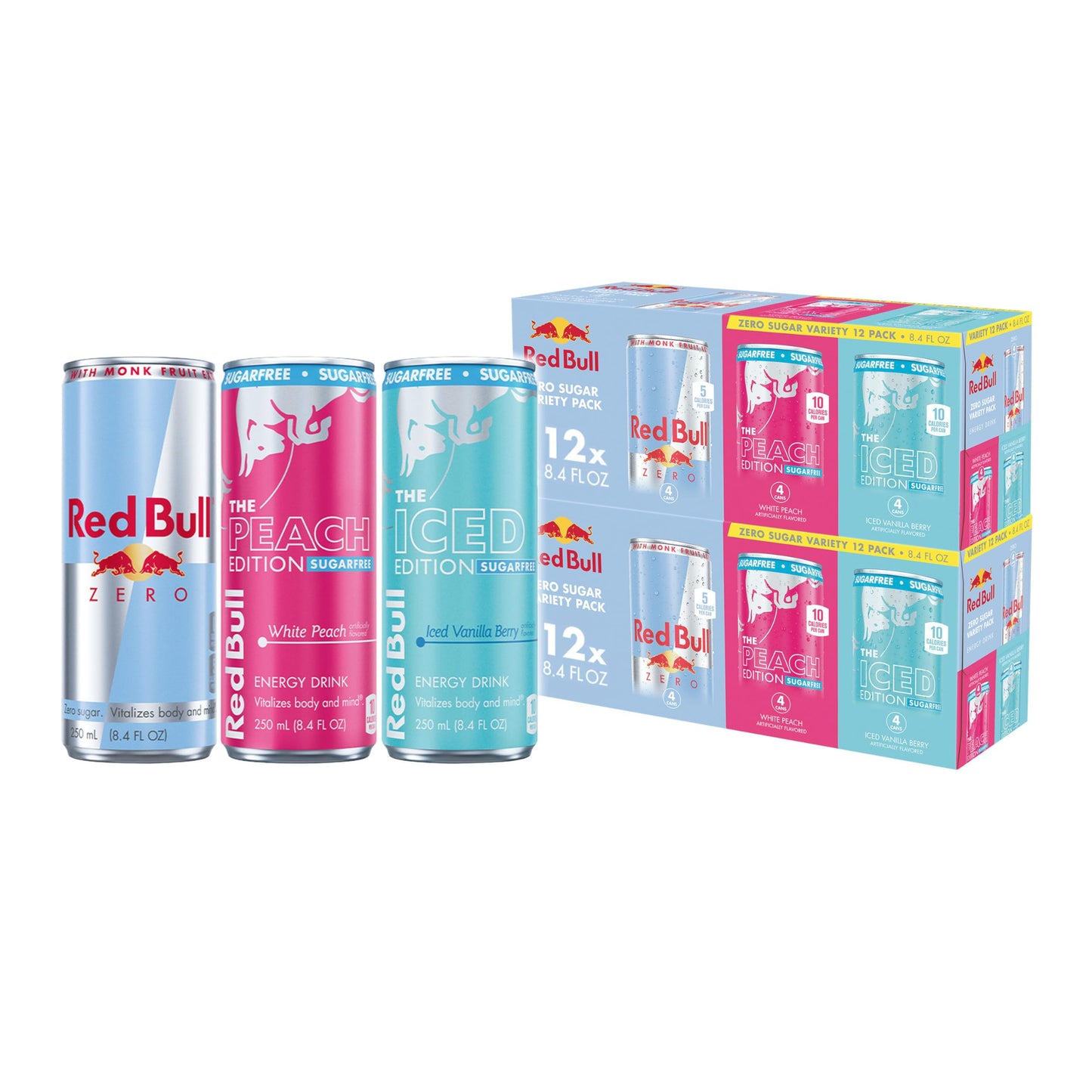 Red Bull Zero Sugar Variety Pack, Zero Energy Drink, Iced Vanilla Berry, & White Peach, 8.4 Fl Oz, 12 Cans (2 Packs of 12)