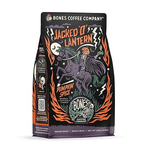 Bones Coffee Company Jacked 'O' Lantern, Pumpkin Spice Flavored Coffee, Medium Roast Low Acid Arabica Beans Compatible with Auto drip and French Press