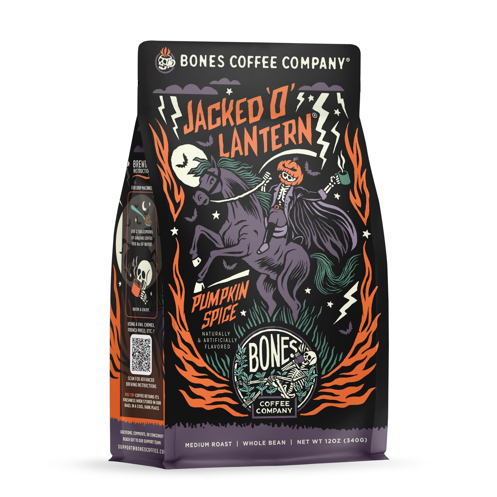 Bones Coffee Company Jacked 'O' Lantern, Pumpkin Spice Flavored Coffee, Medium Roast Low Acid Arabica Beans Compatible with Auto drip and French Press