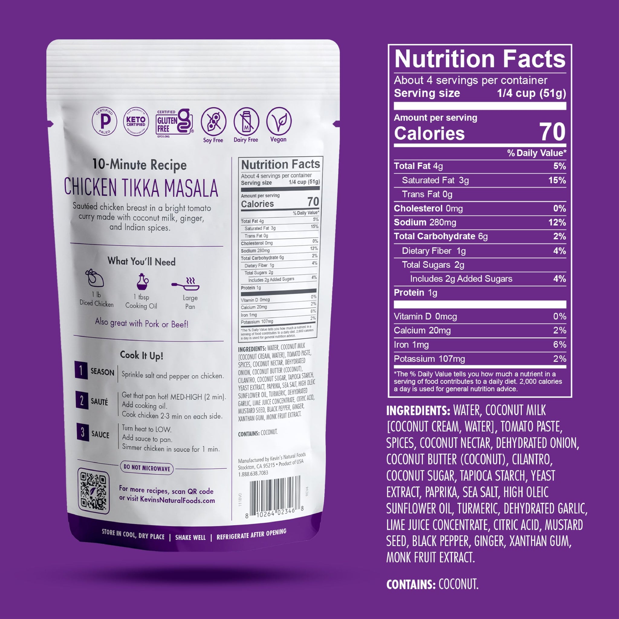Kevin's Natural Foods Tikka Masala Sauce - Keto and Paleo Simmer Stir-Fry Sauce, Gluten Free, No Preservatives, Non-GMO - 3 Pack (Tikka Masala)