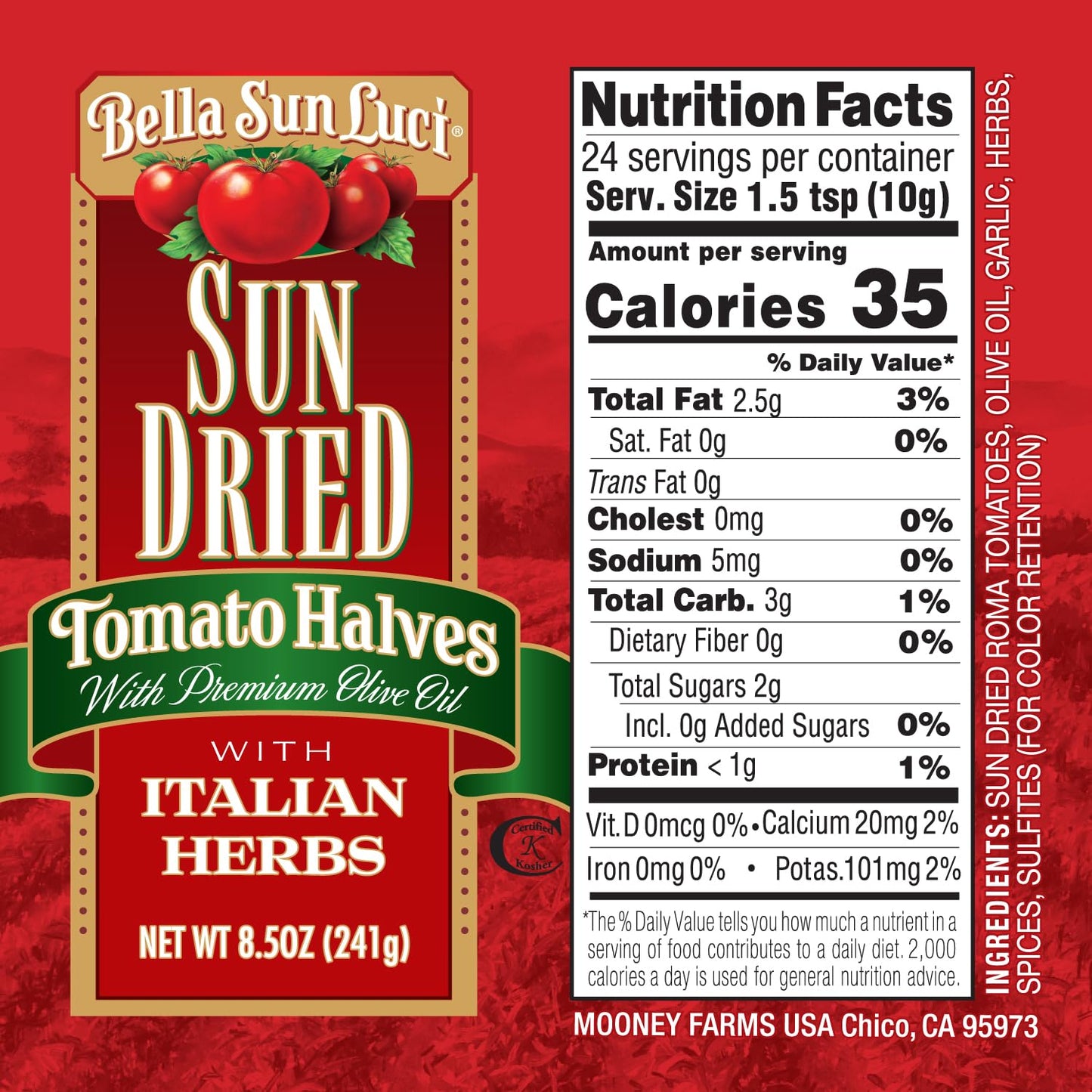 Bella Sun Luci Sun-Dried Tomato Halves in Premium Oil with Italian Herbs, Ready-to-Use Mediterranean Ingredient for Pasta, Salads & Pizza, 8.5 oz