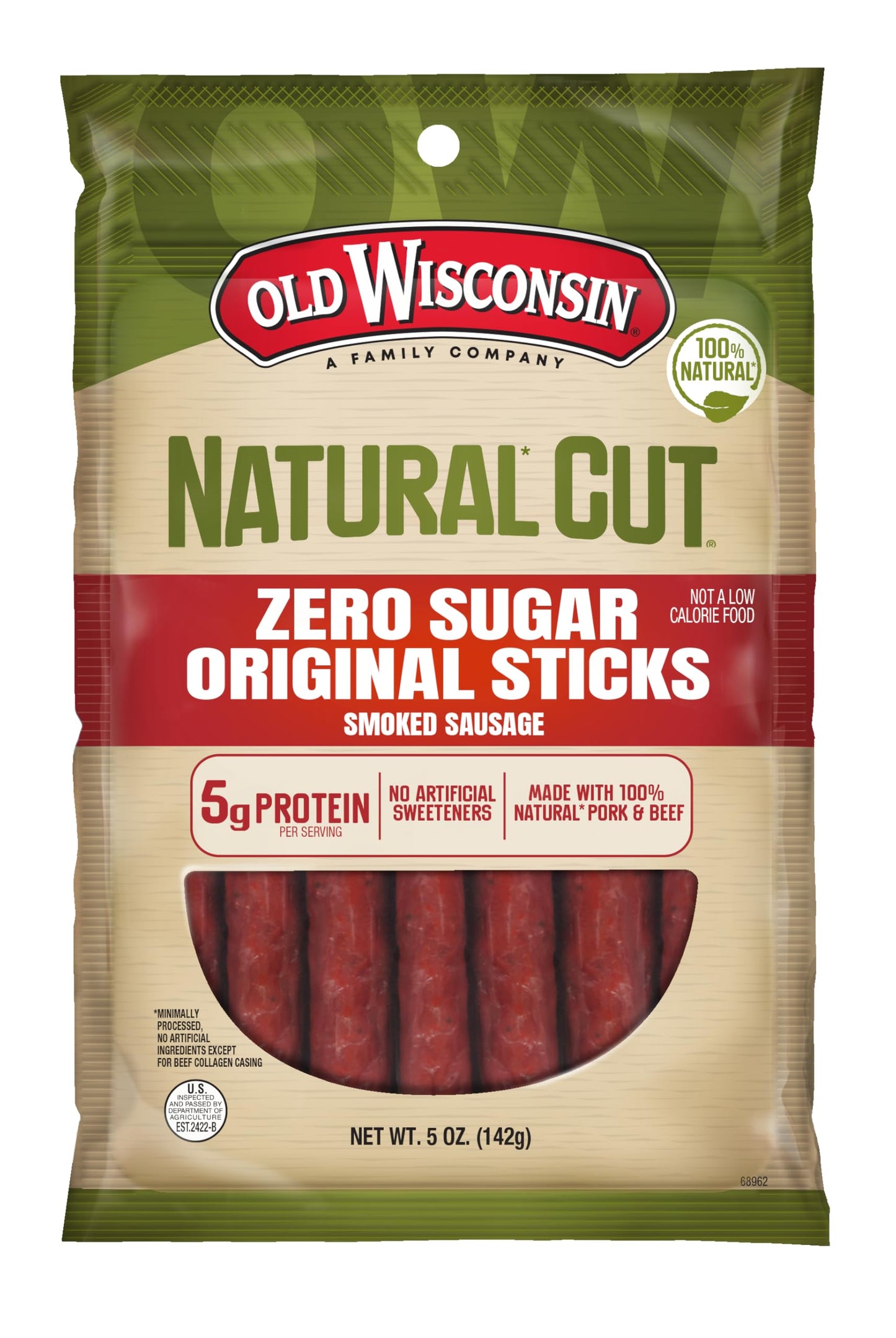 Old Wisconsin Natural Cut Original Sausage Snack Sticks, Zero Sugar, Naturally Smoked, Ready to Eat, High Protein, Low Carb, Keto, Gluten Free, No